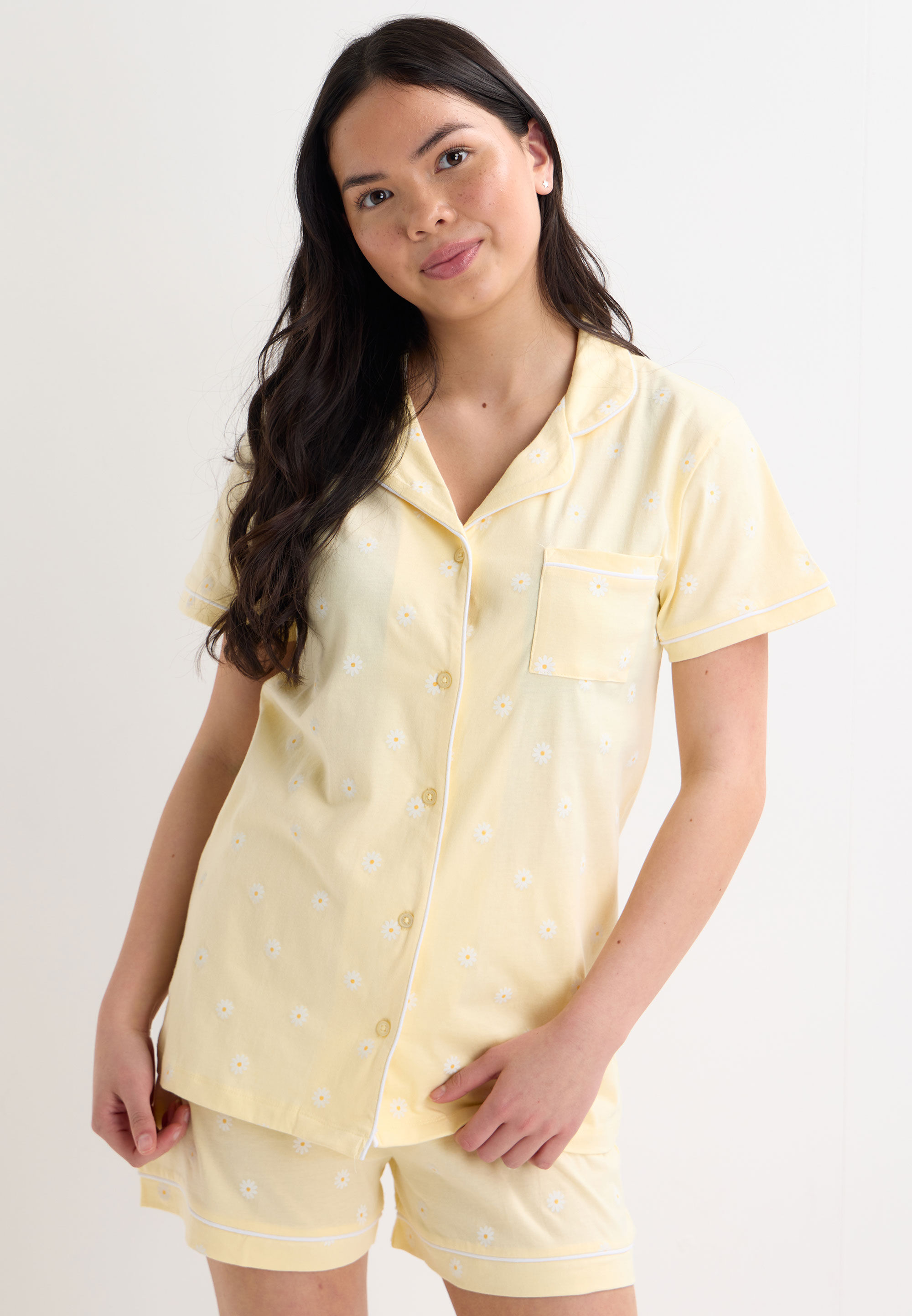 Older Girls Lemon & White Daisy Print Short Pyjama Set