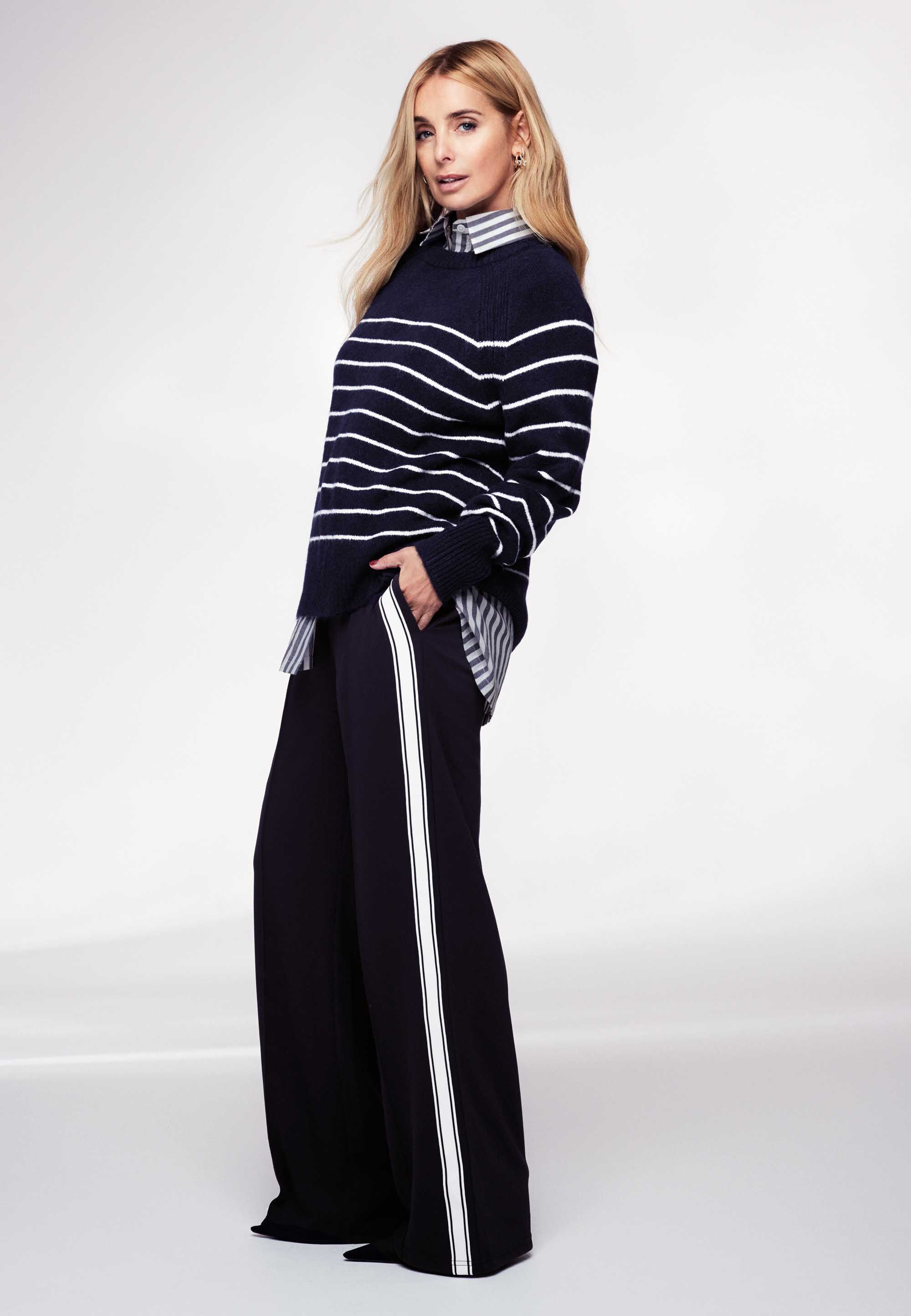 Womens Navy & White Stripe Wide Leg Trousers