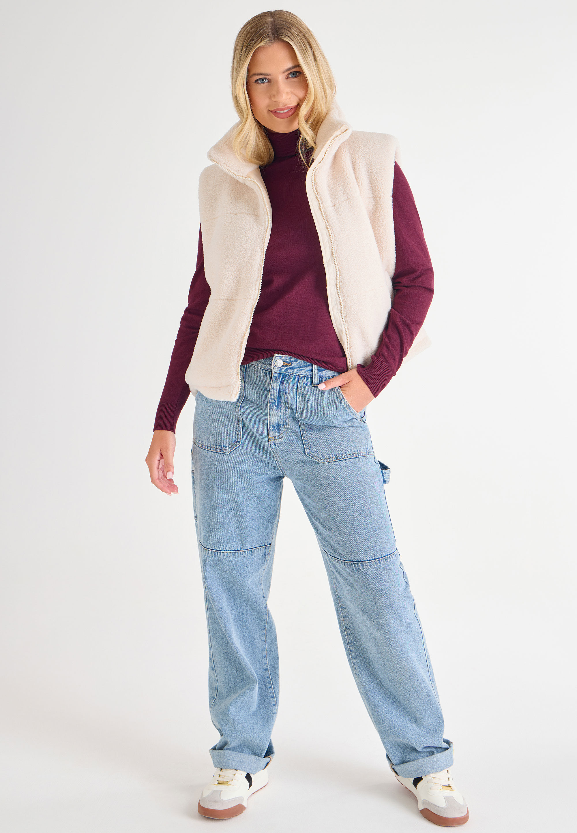 Womens Cream Padded Borg Gilet Jacket
