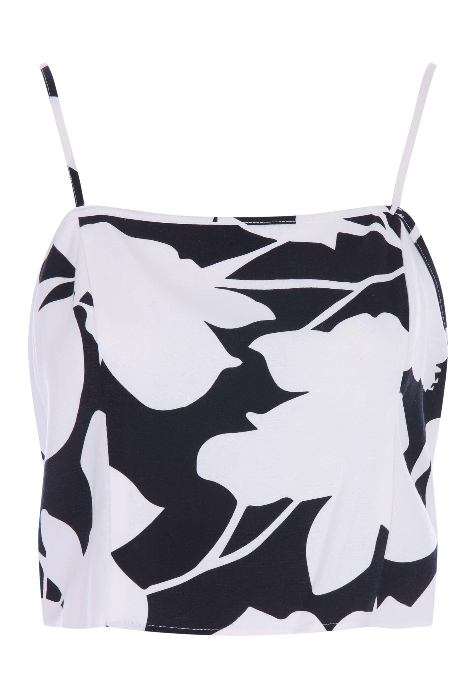 Womens Black & White Floral Linen Blend Cami Top