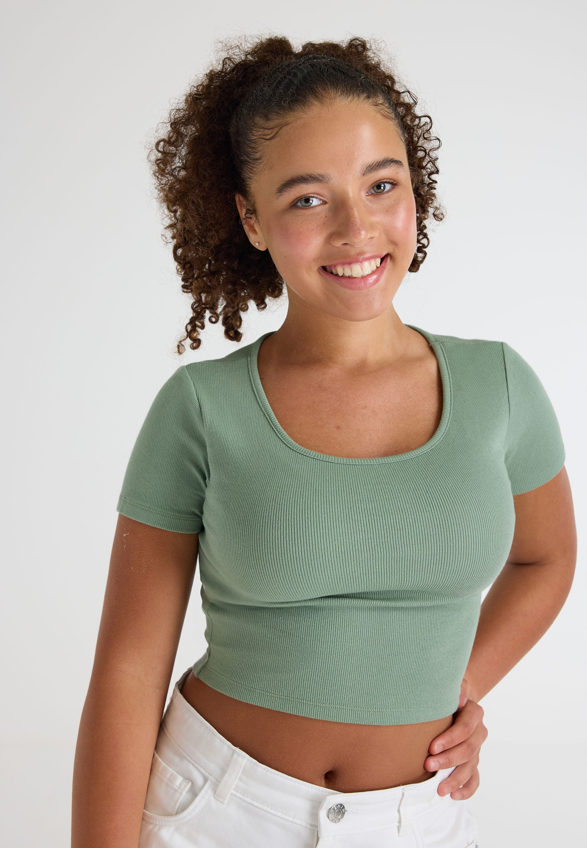 Older Girls Khaki Rib Crop T-shirt