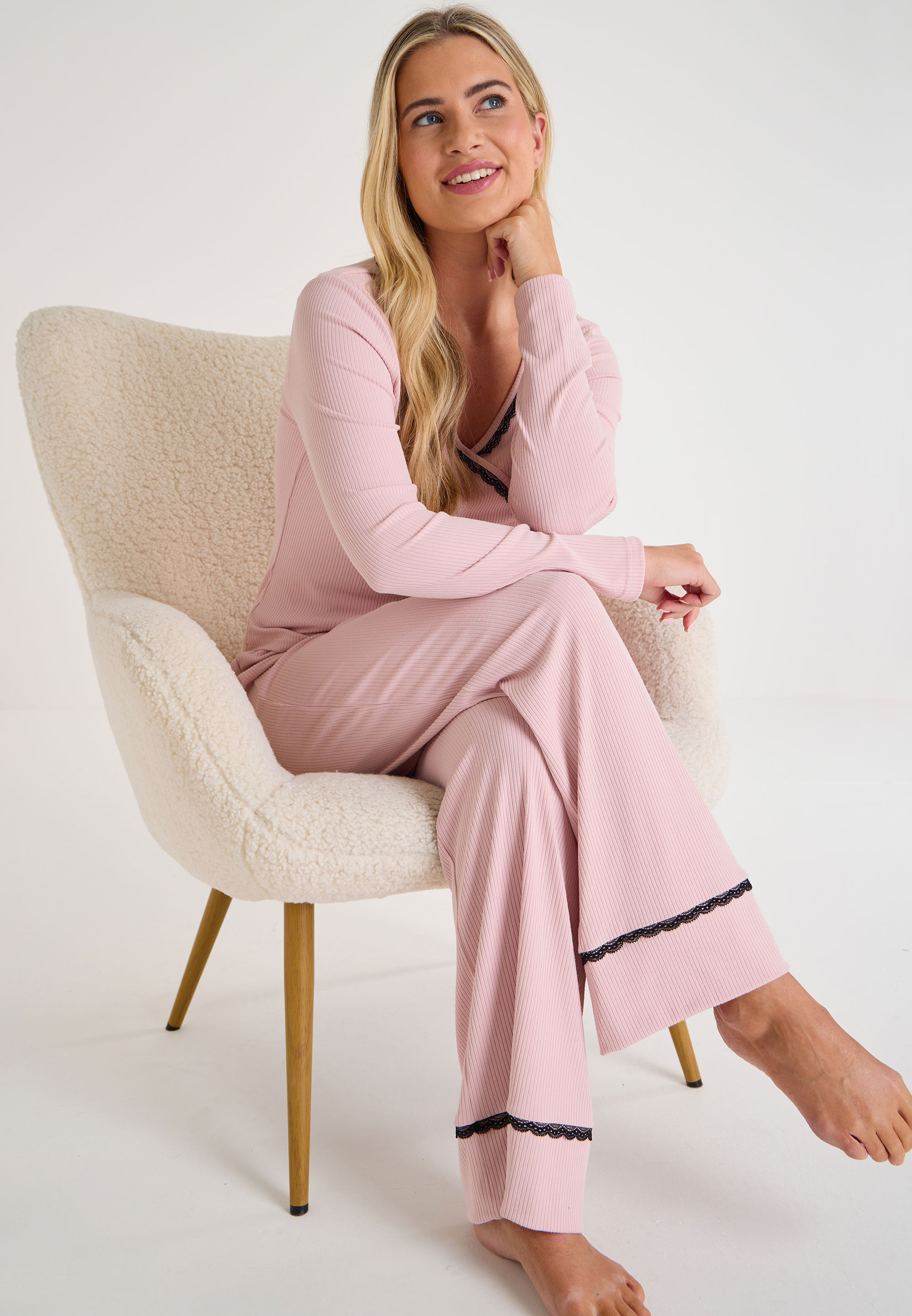Womens Pink Ballet Wrap Lace Trim Pyjama Top