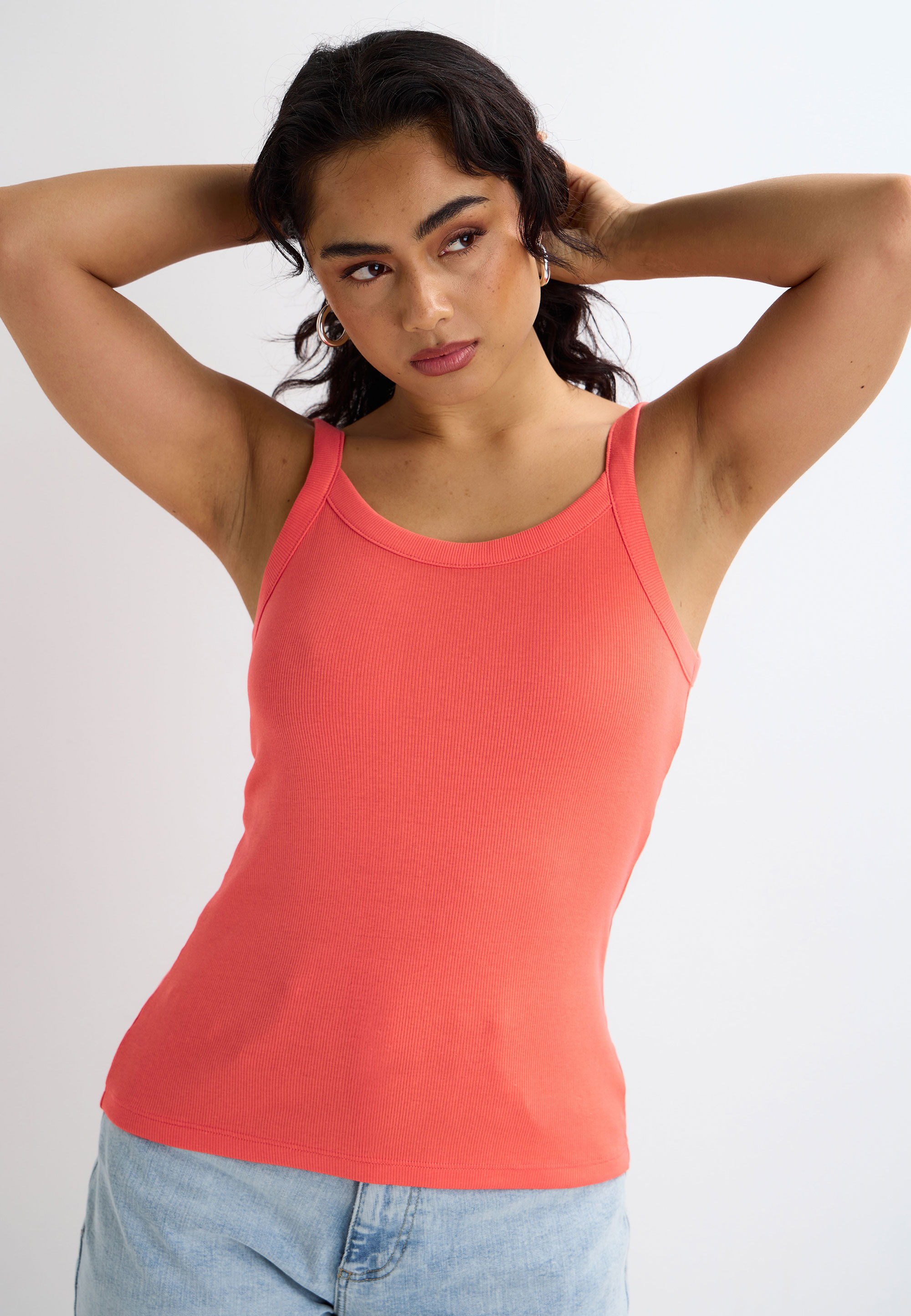 Womens Coral Plain Ribbed Cami Vest Top