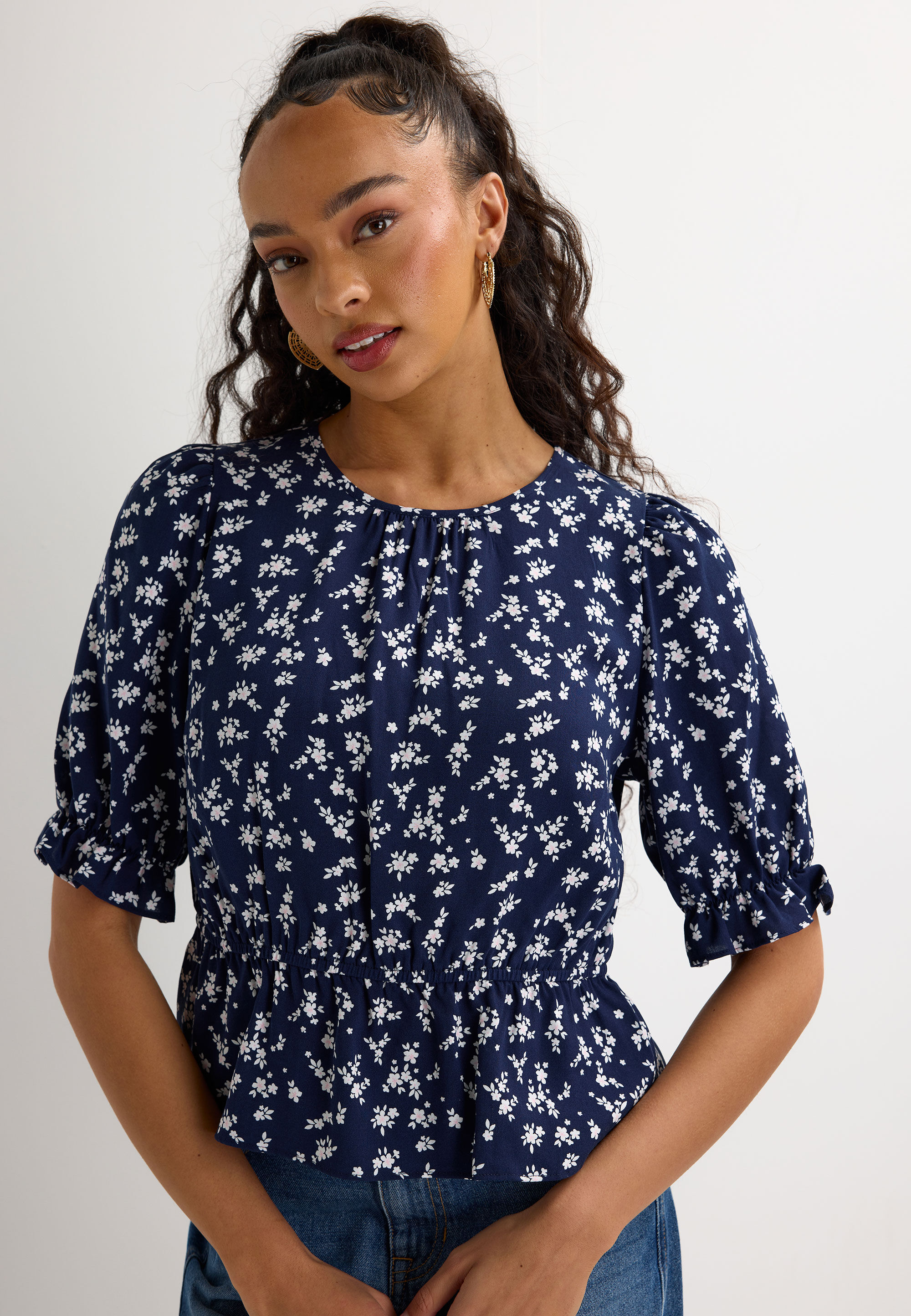 Womens Navy Daisy Print Tea Top