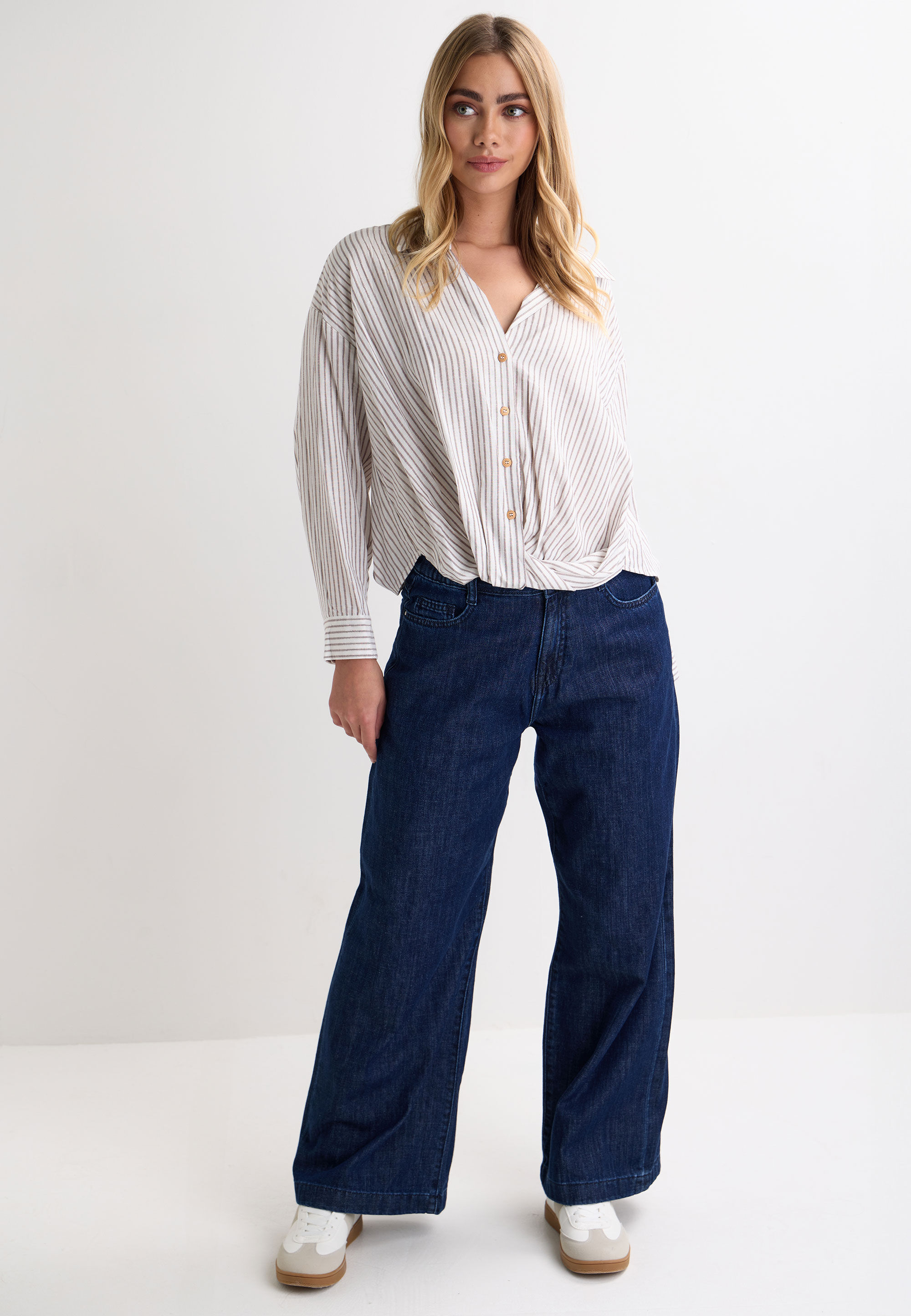 Womens Stone Stripe Lurex Twist Hem Shirt