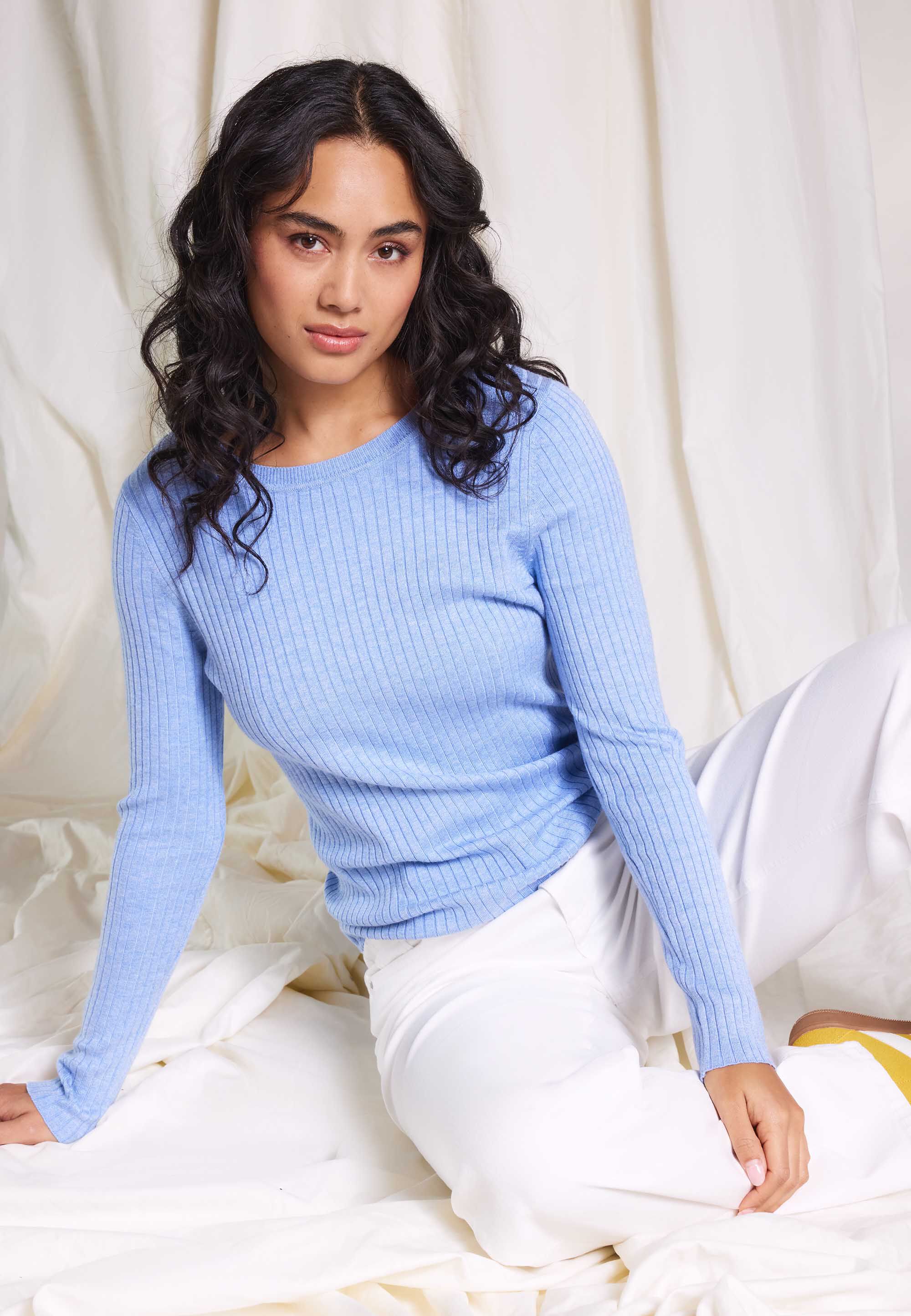 Womens Blue Marl Plain Ribbed Jumper