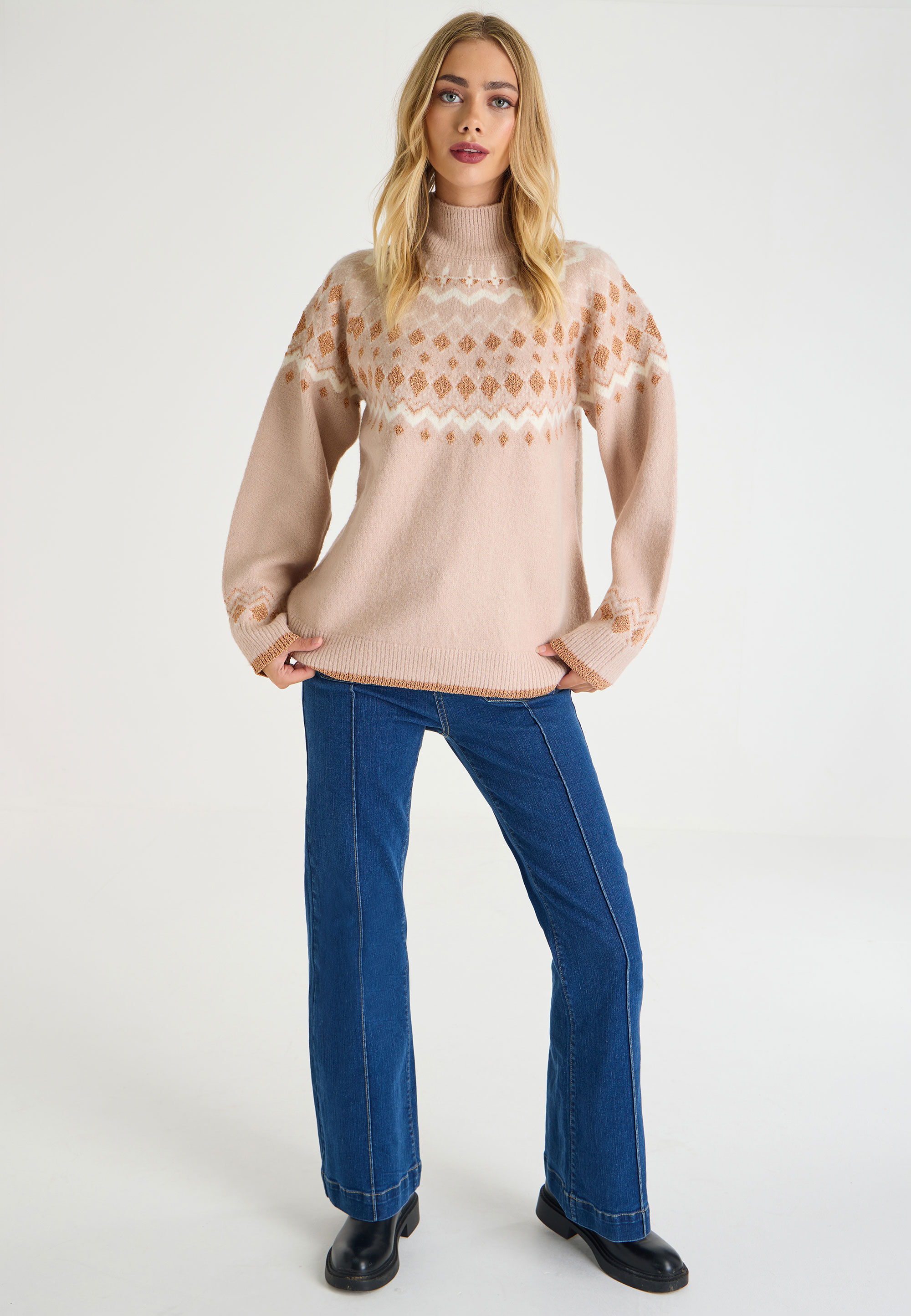 Womens Stone Fair Isle Lurex High Neck Jumper