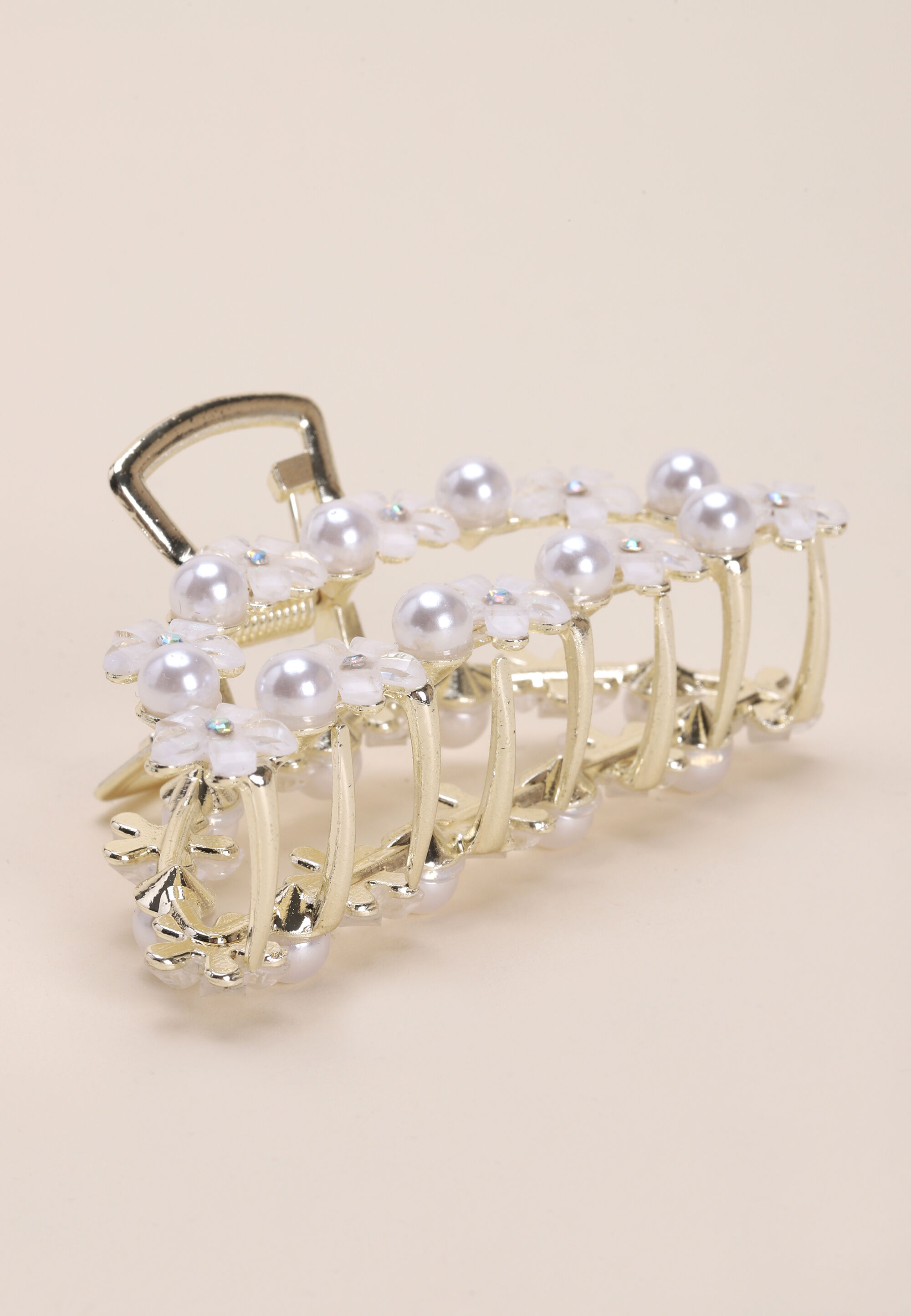 Womens Gold & Pearl Flower Claw Hair Clip