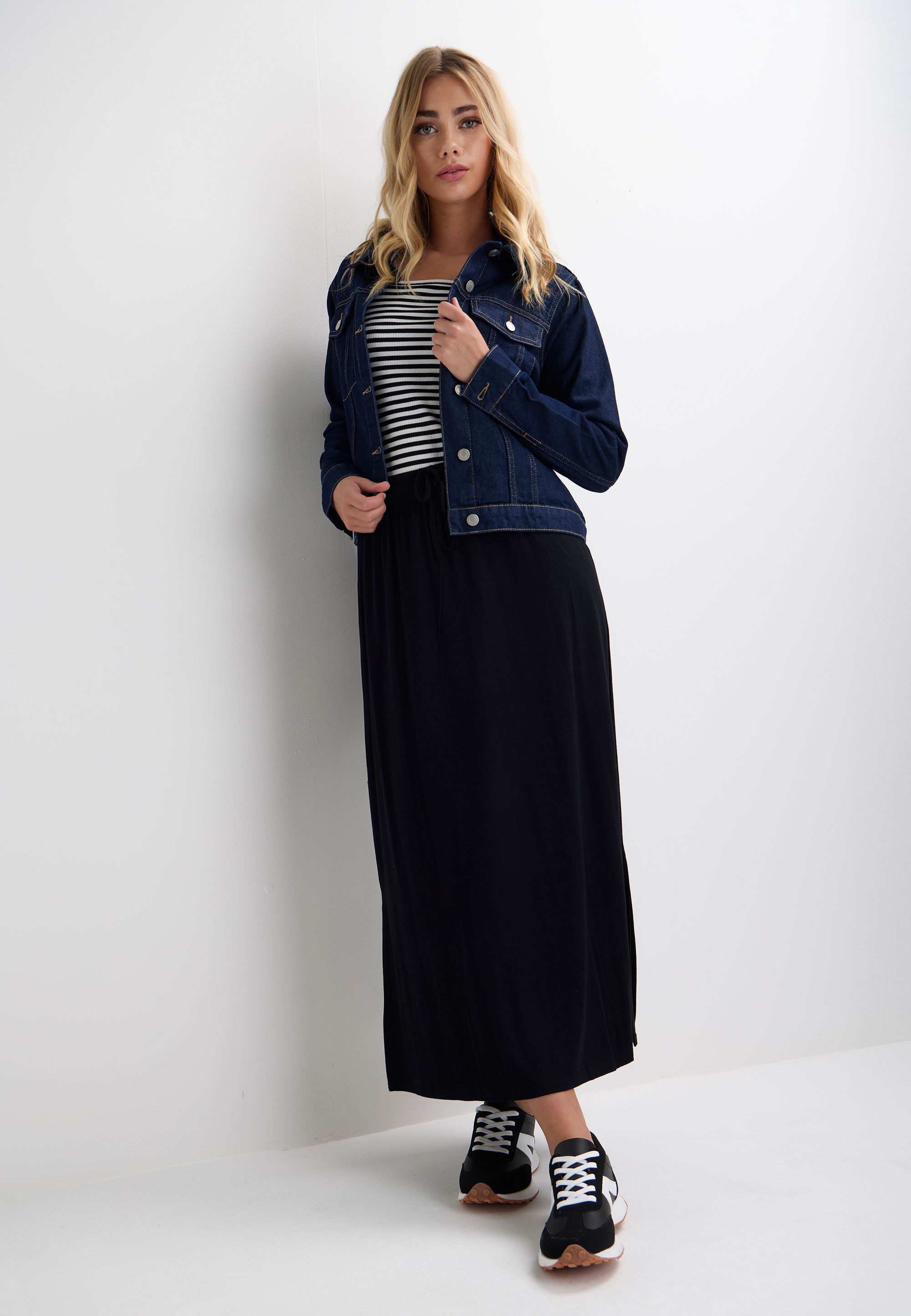 Womens Black Plain Jersey Midi Skirt