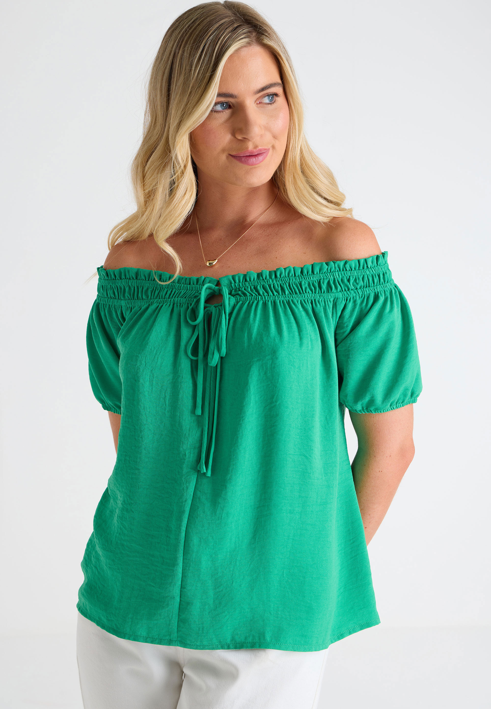 Womens Green Tie Detail Bardot Top