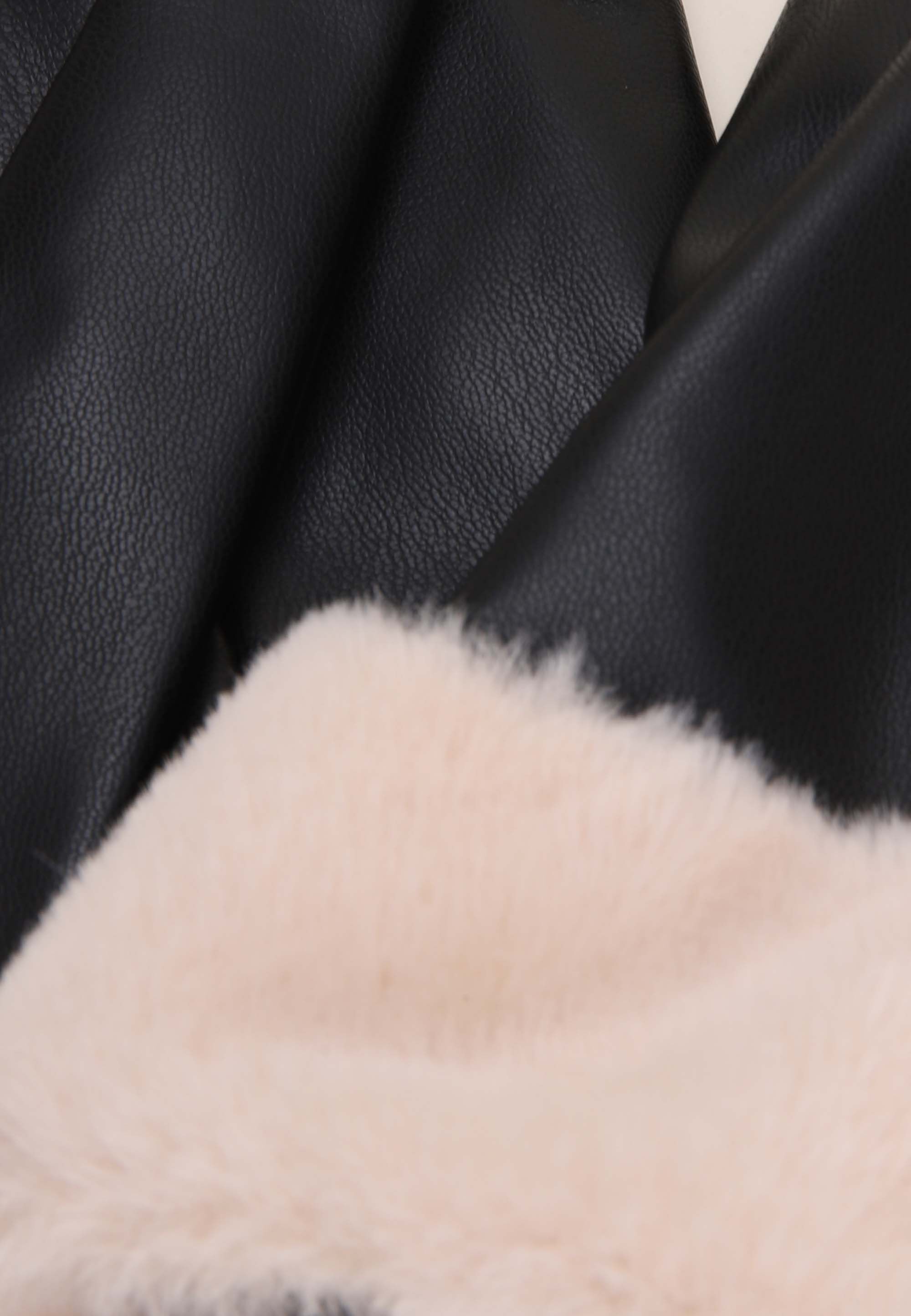 Womens Black & Cream Fluffy Trim PU Gloves