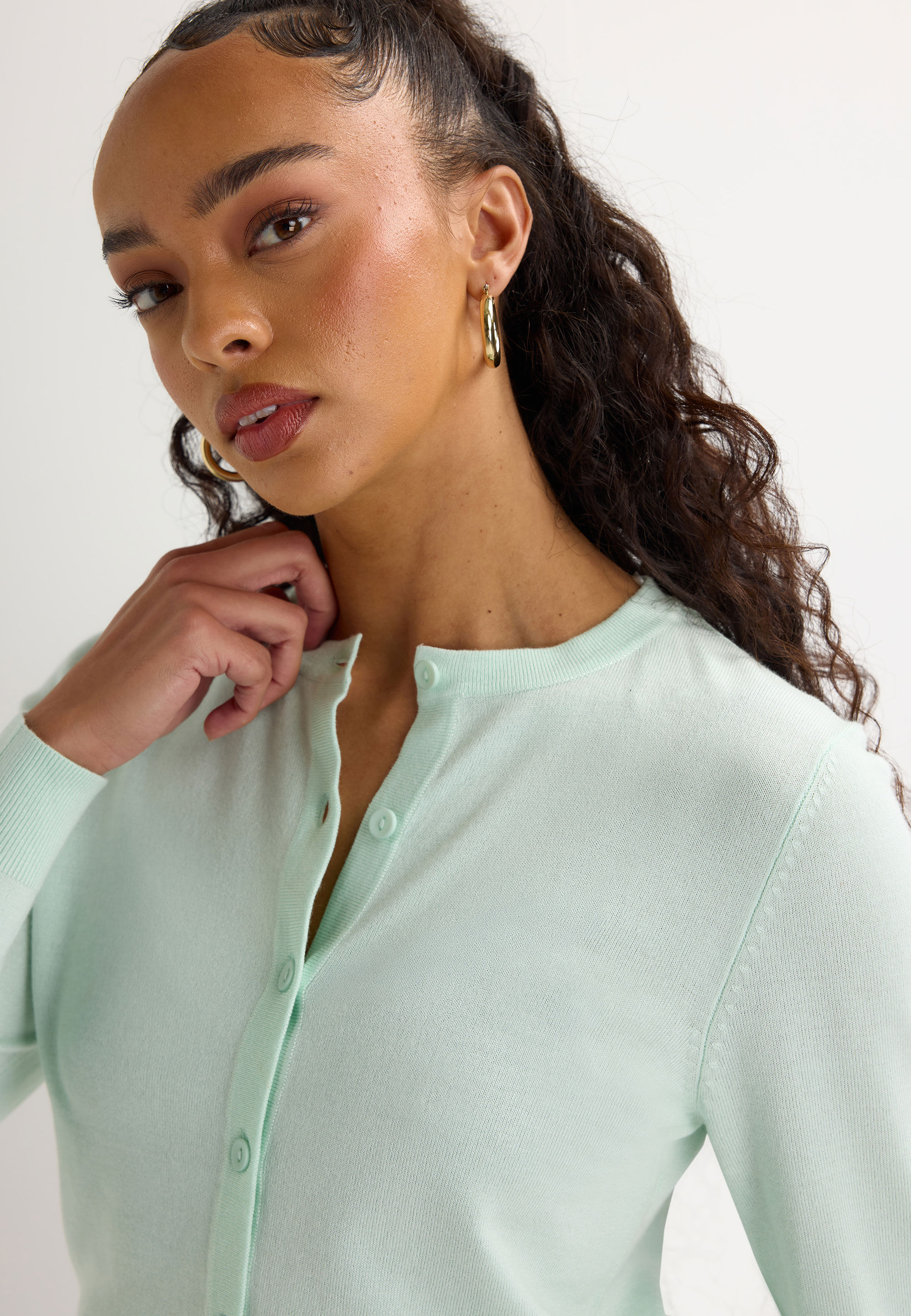 Womens Mint Green Plain Crew Neck Cardigan