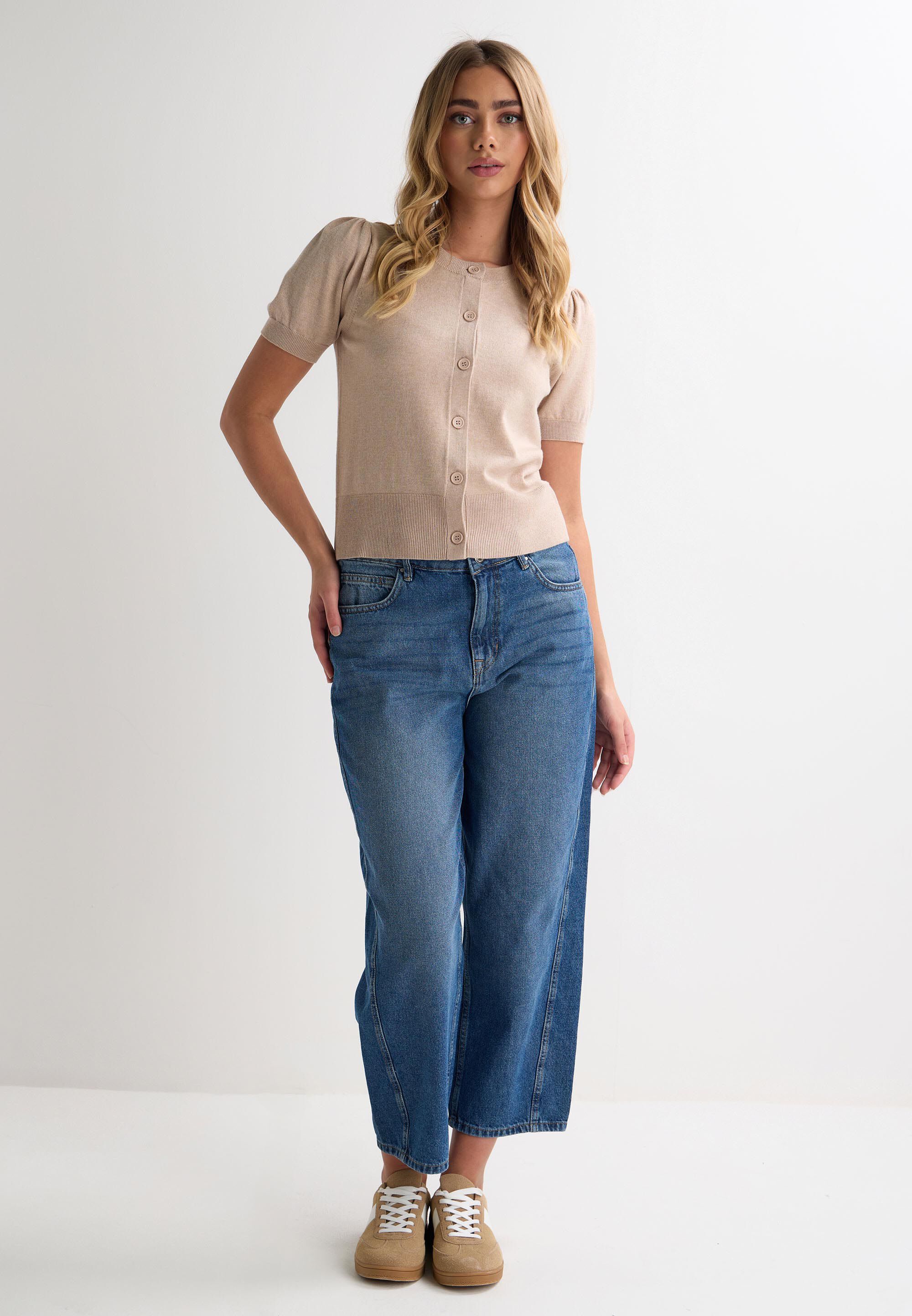 Womens Camel Short Puff Sleeve Cardigan