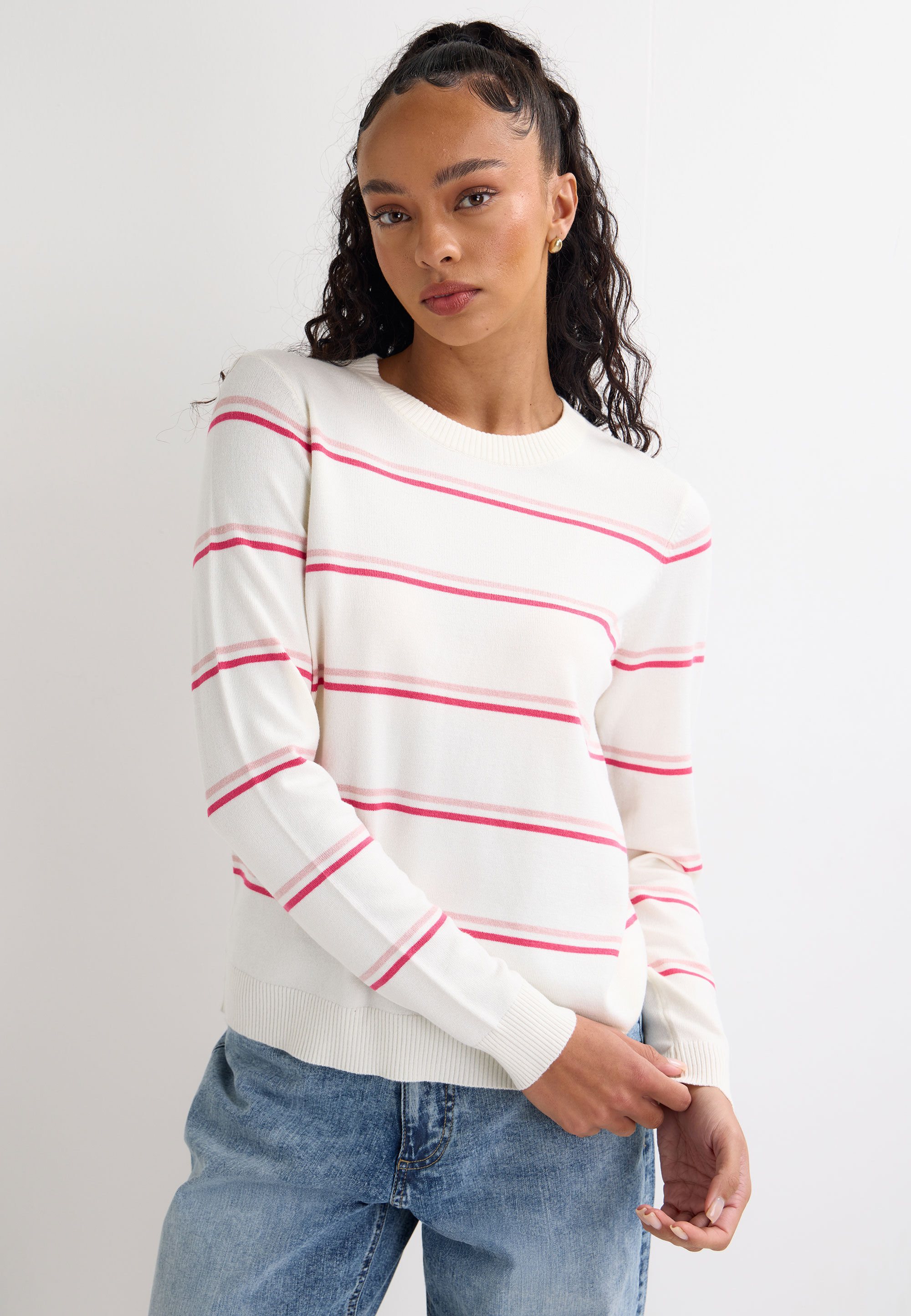 Womens Cream & Pink Stripe Crew Neck Jumper
