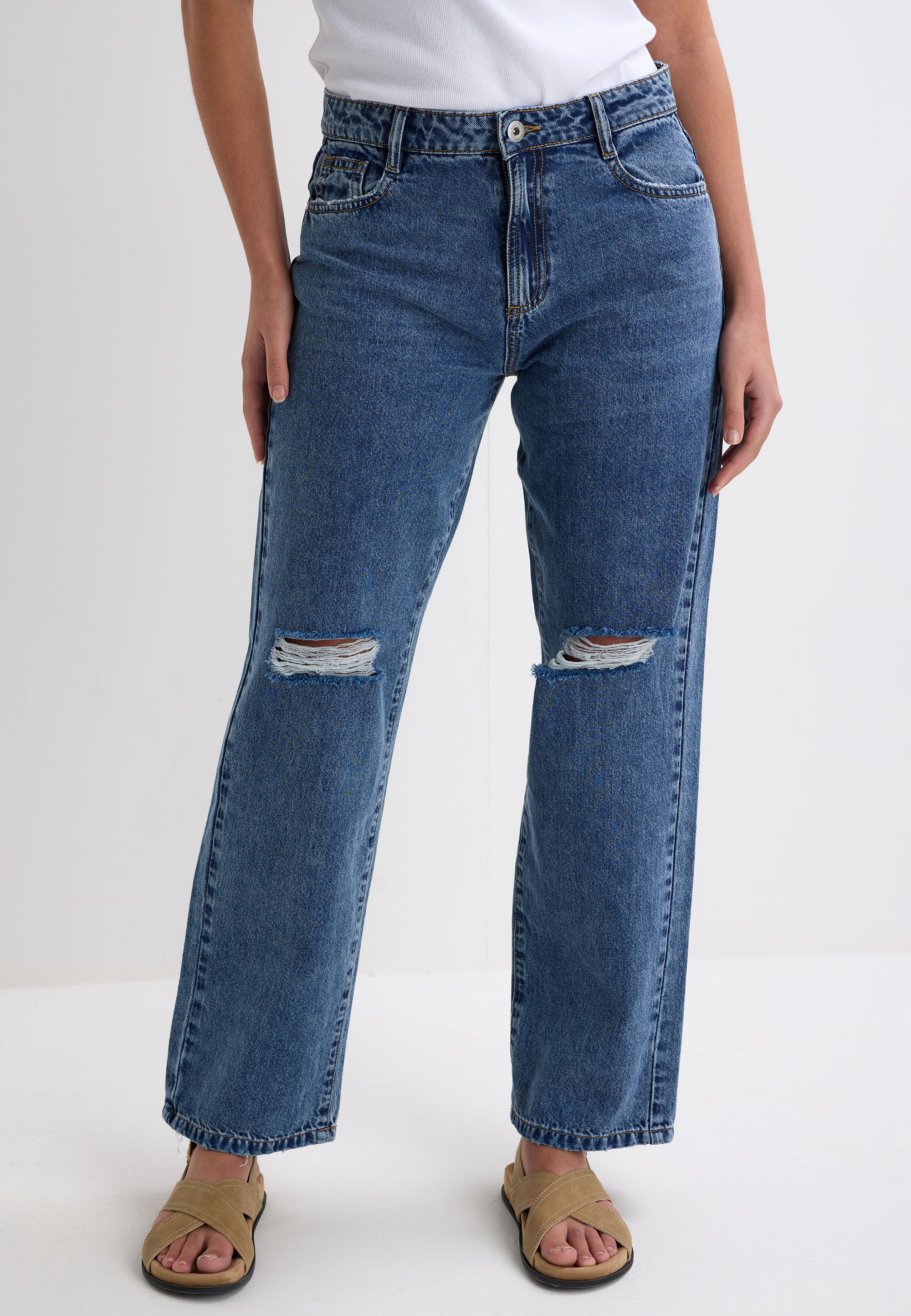 Womens Mid Blue Plain Straight Leg Ripped Jeans