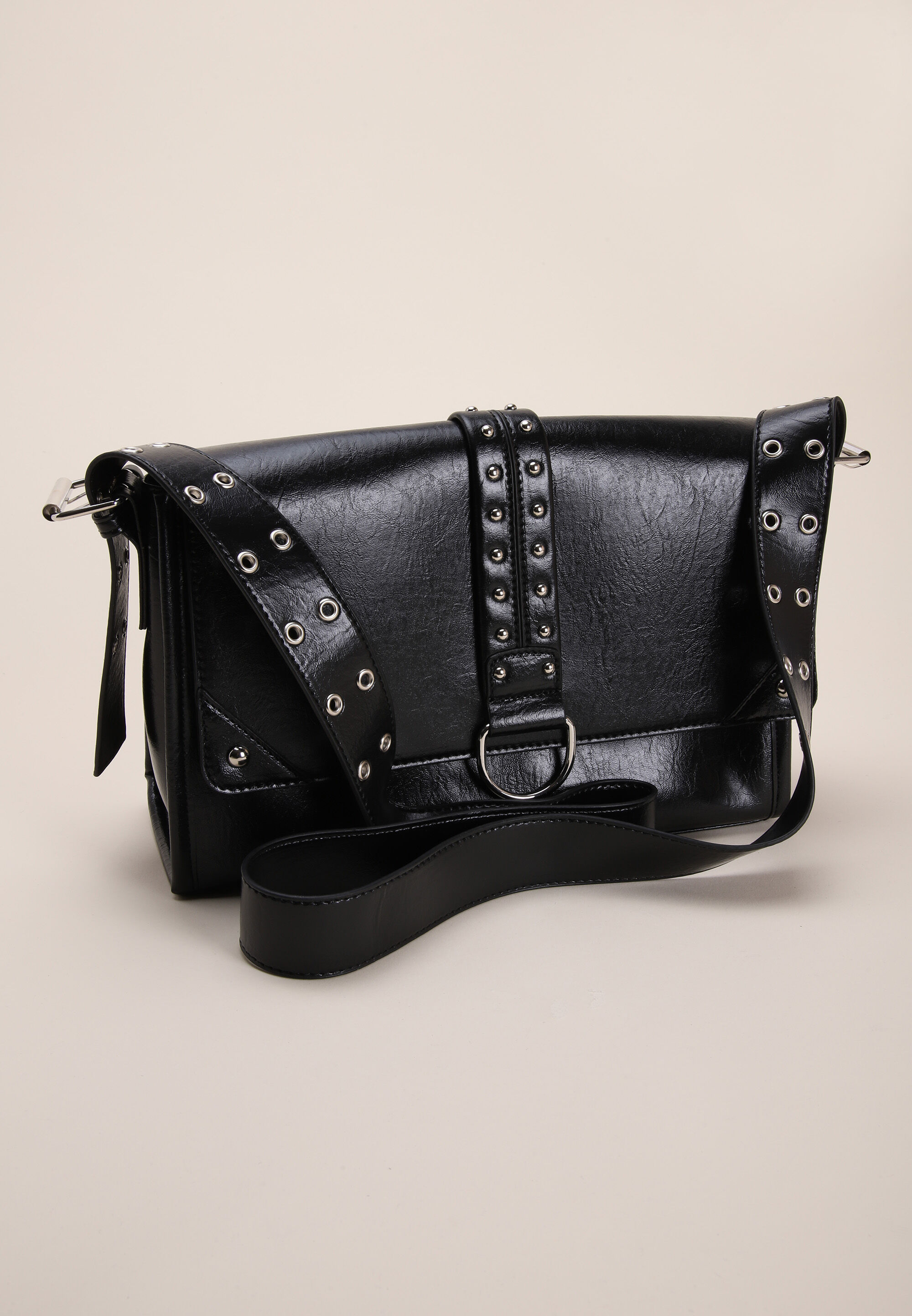Womens Black Crinkle Messenger Bag