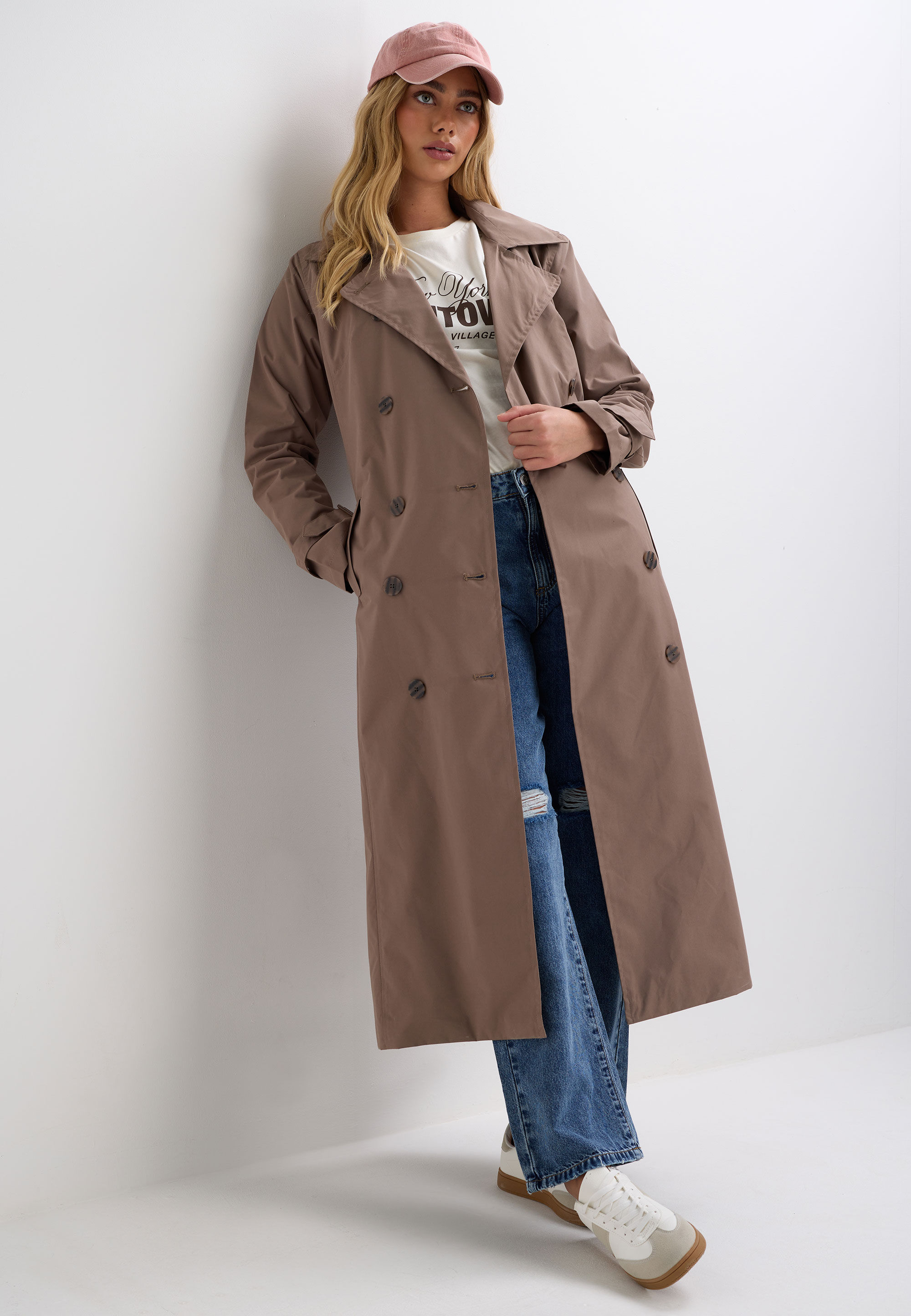 Womens Taupe Double Breasted Trench Coat