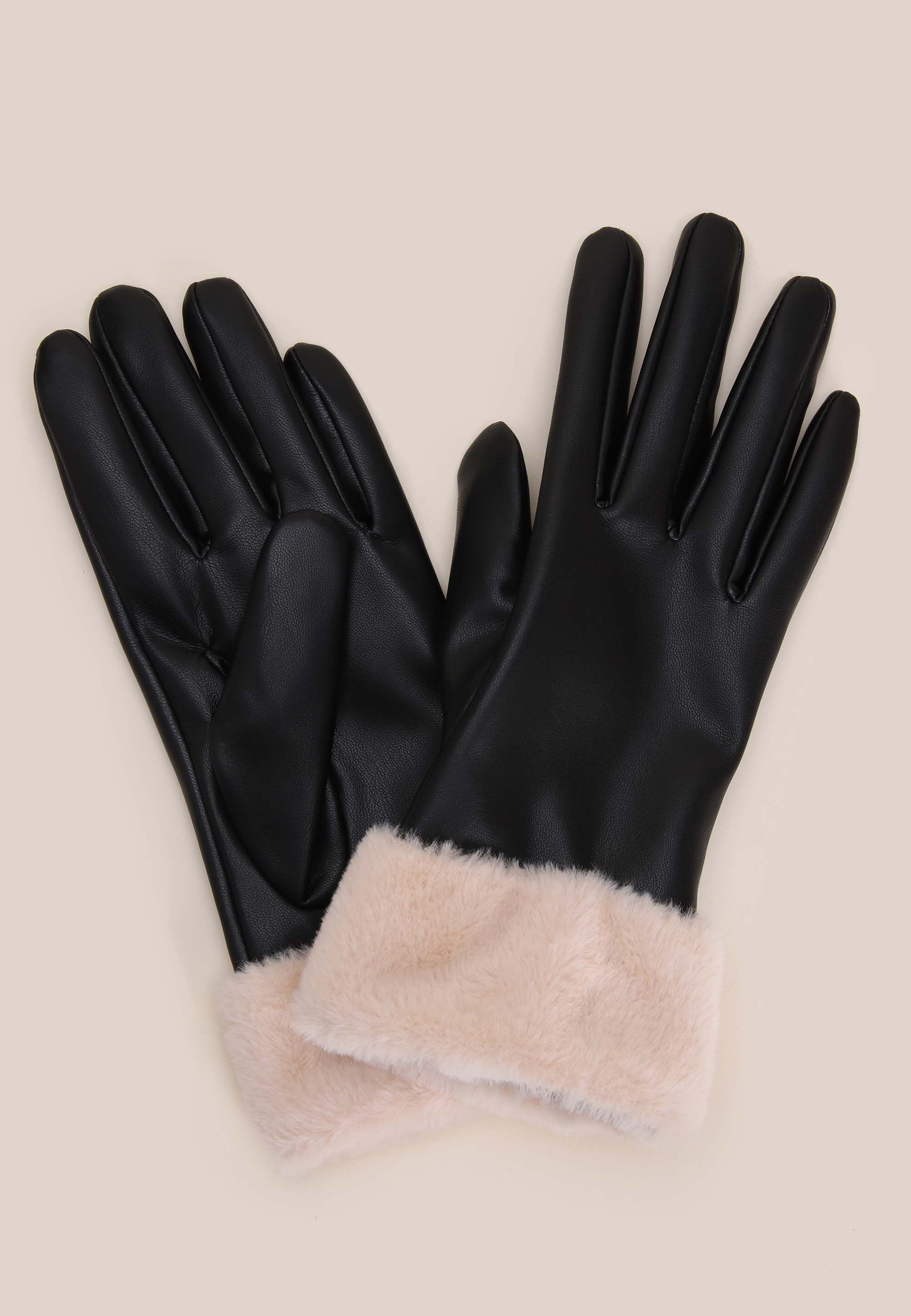 Womens Black & Cream Fluffy Trim PU Gloves