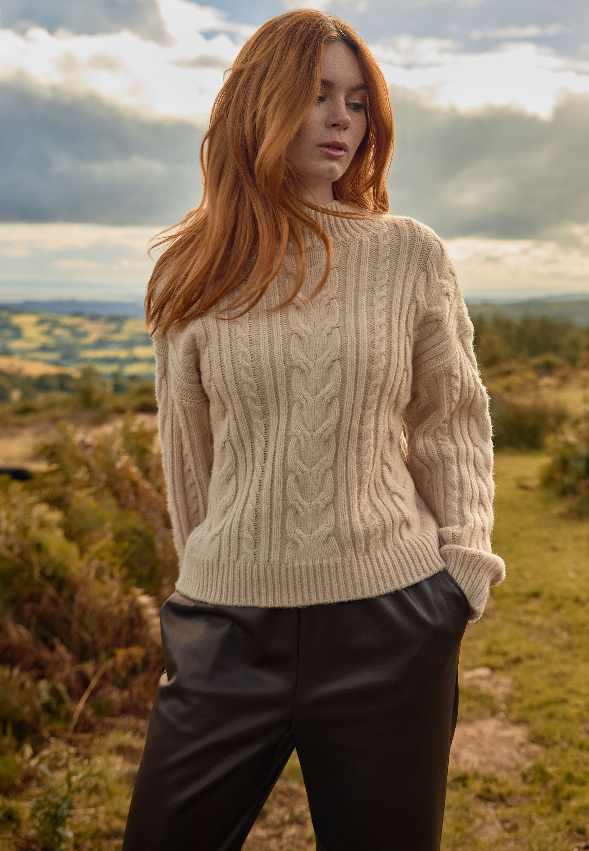 Womens Neutral Cable Knit Turtle Neck Knitted Jumper