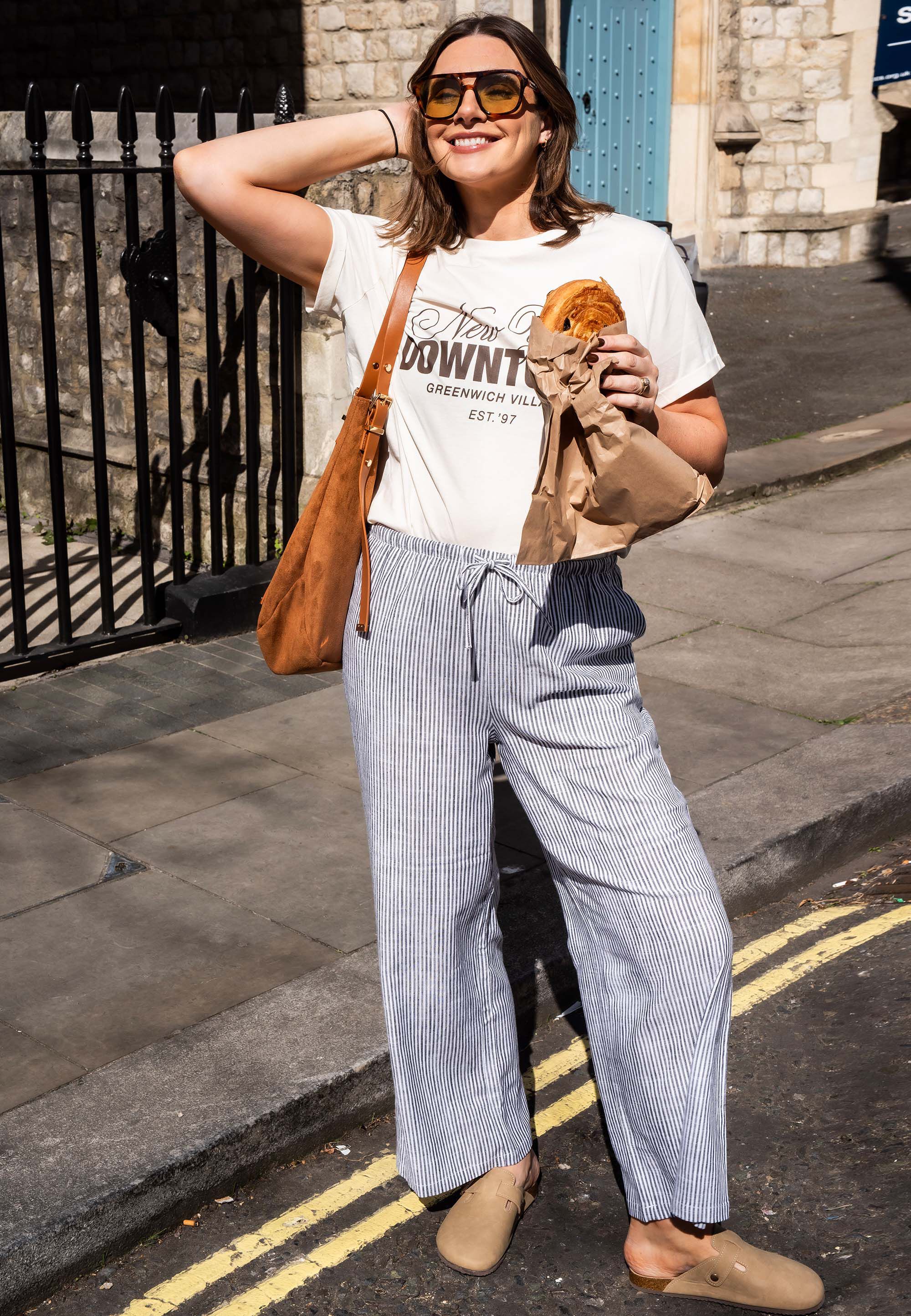 Womens Navy Stripe Wide Leg Linen Trousers