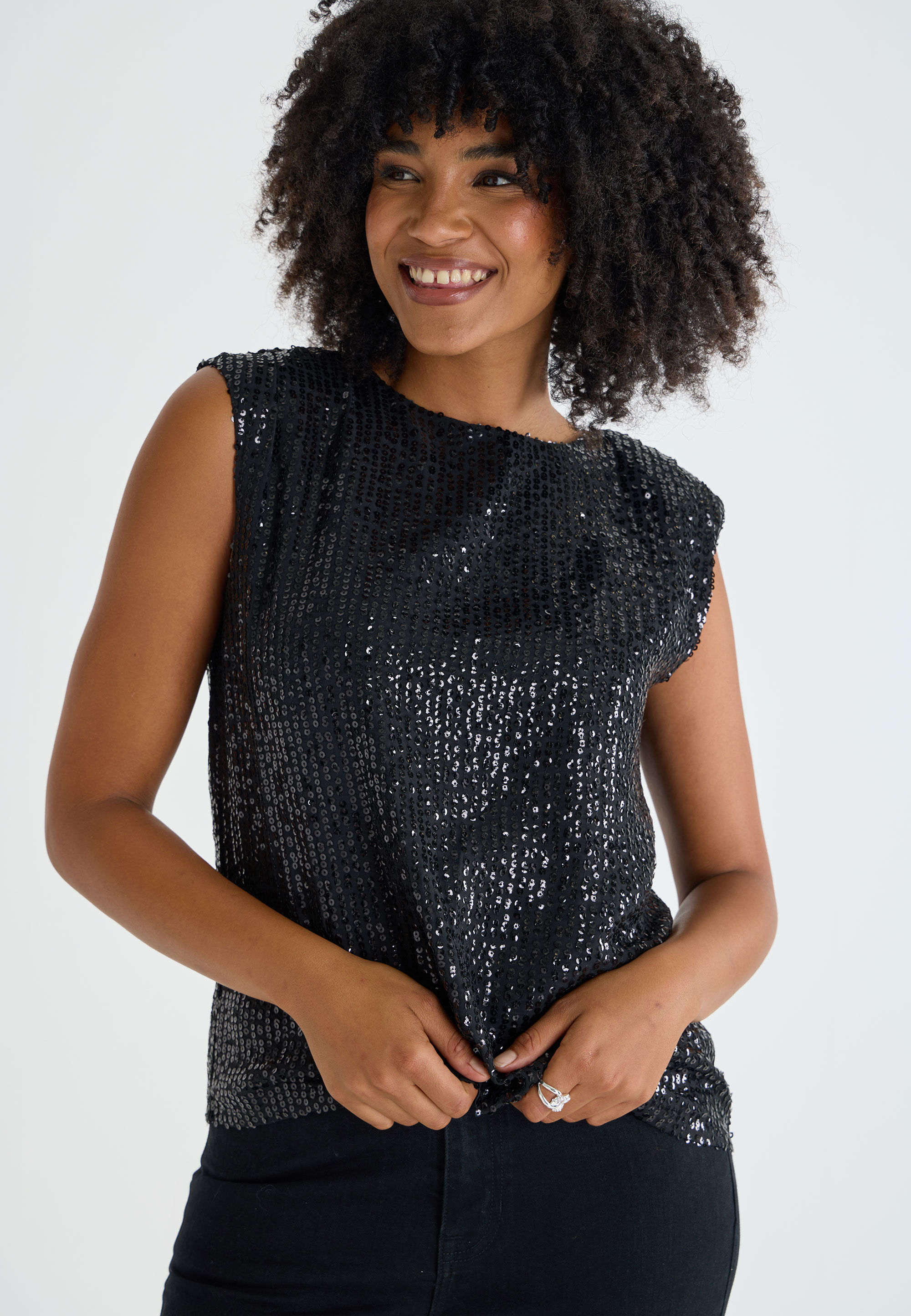Womens Black Sequin Shell Top