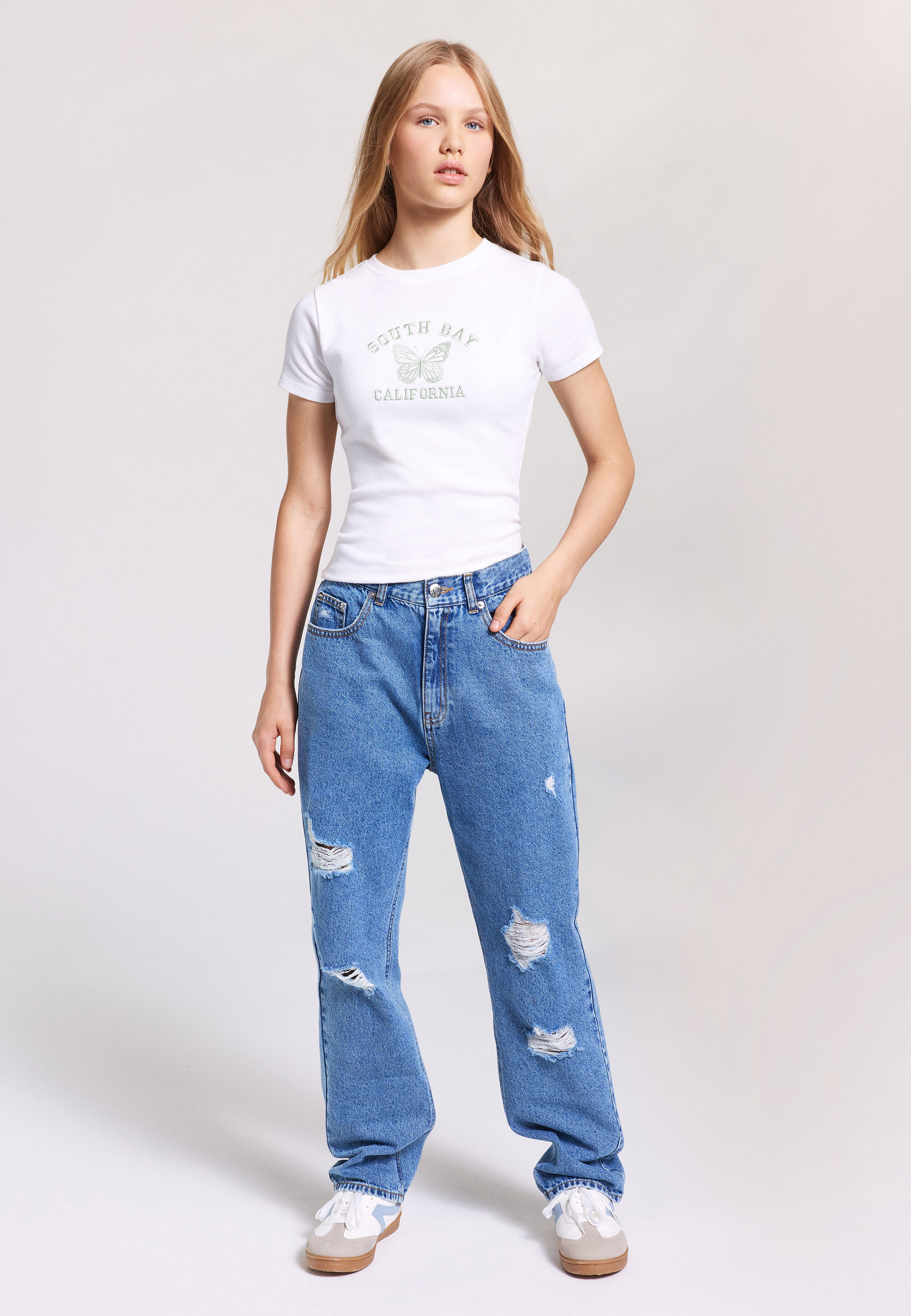 Older Girls White & Mint Butterfly Embroidery T-Shirt