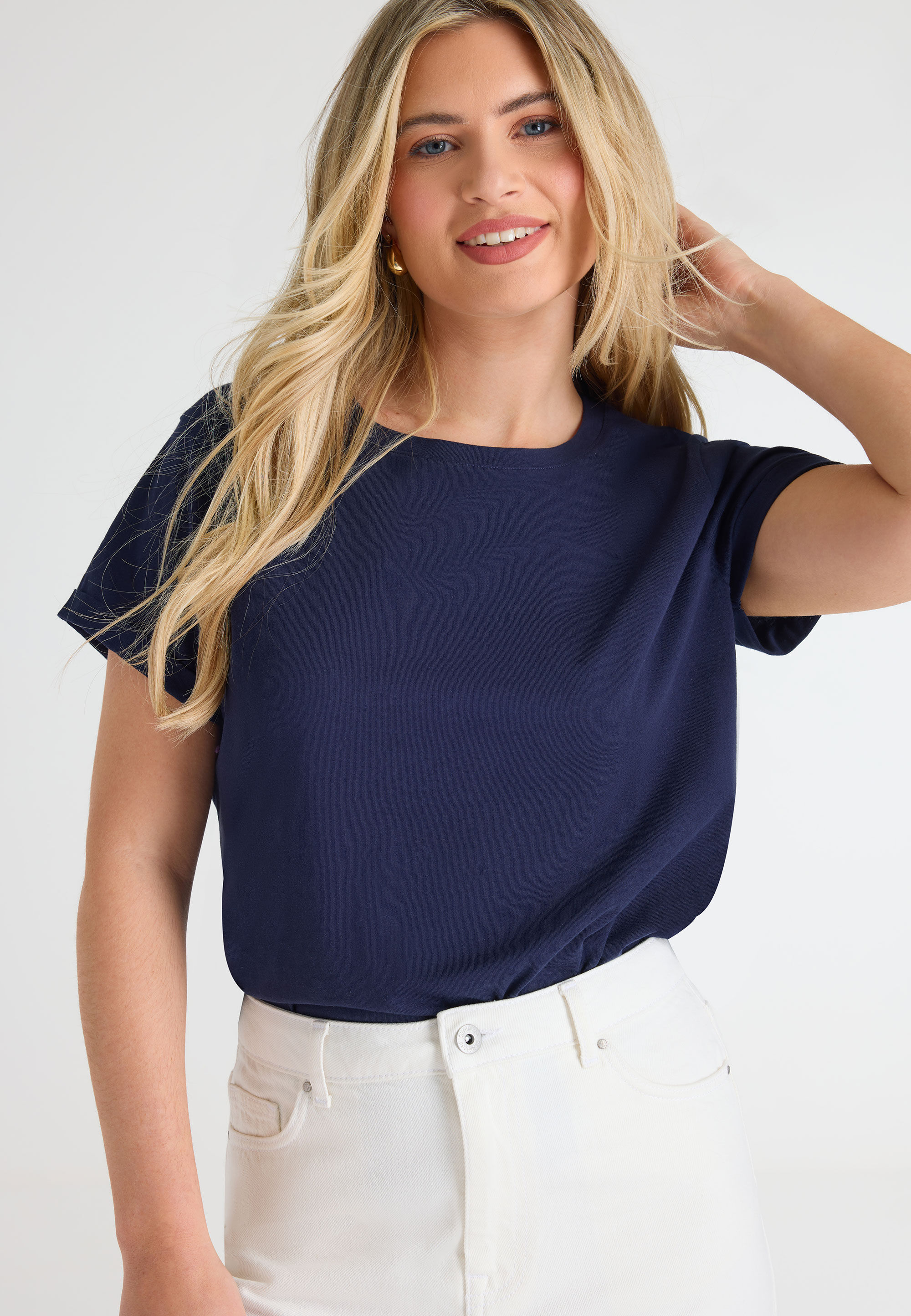 Womens Navy Roll Sleeve Top