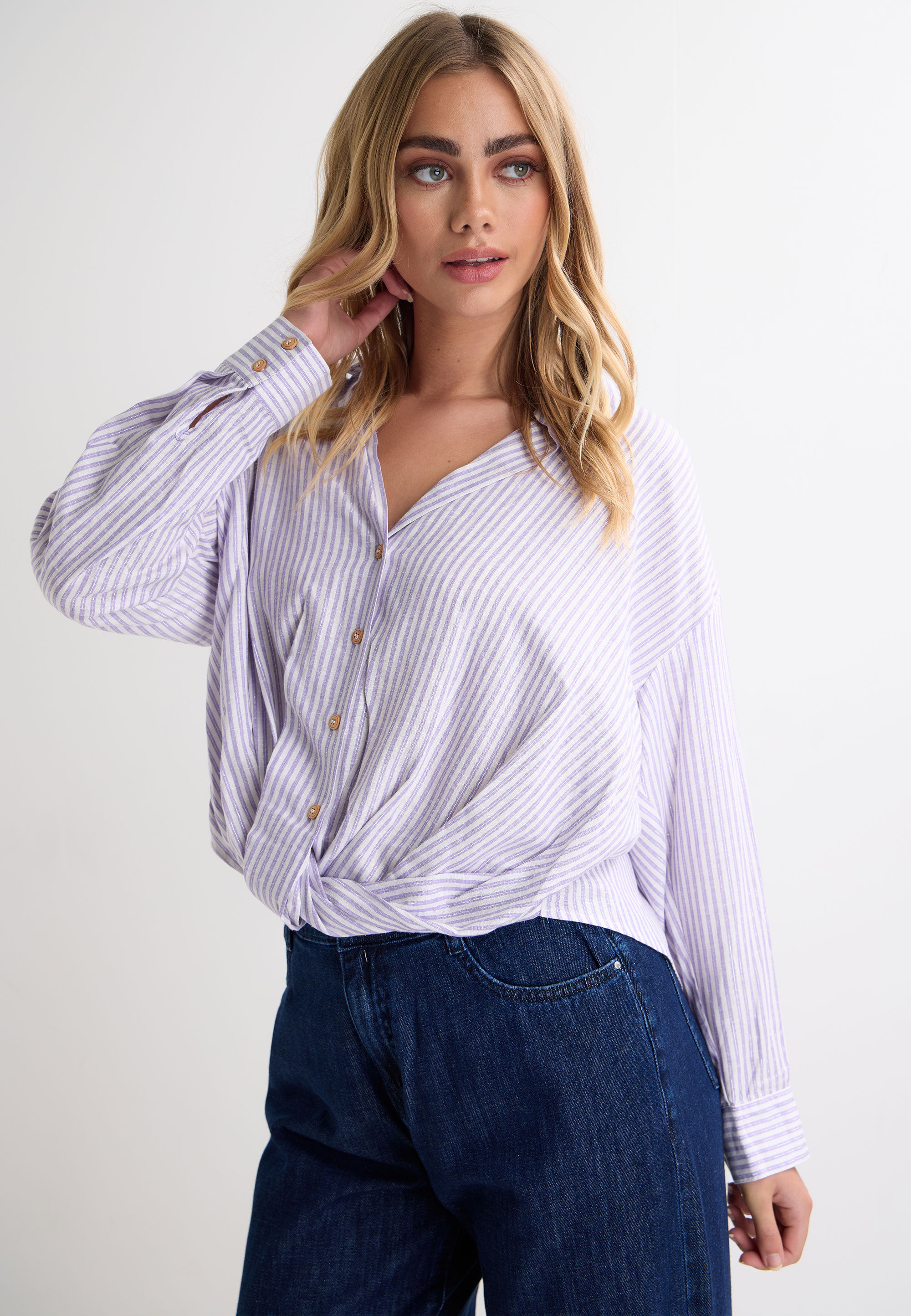 Womens Lilac Stripe Lurex Twist Hem Shirt