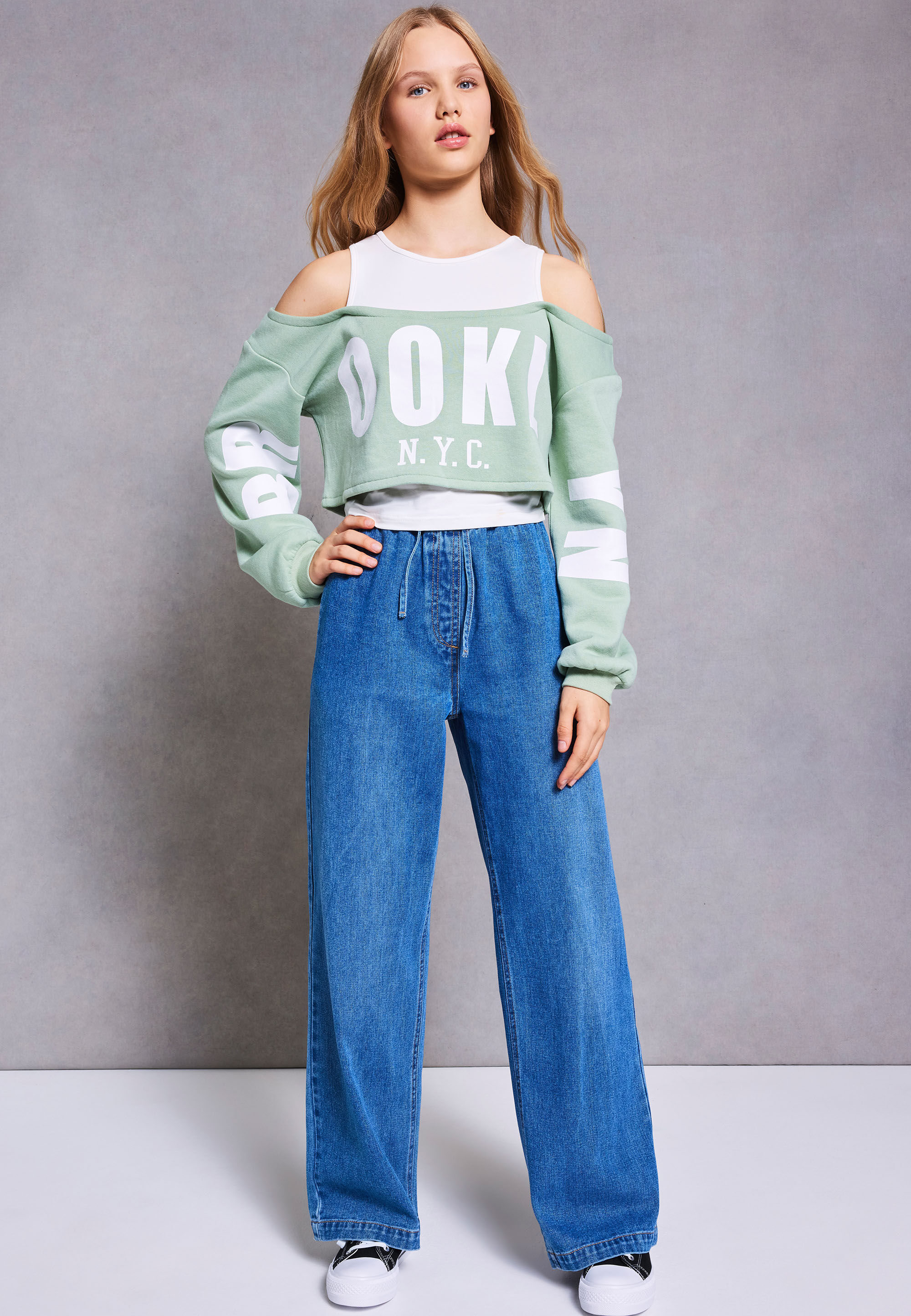 Older Girls Mint 2 in 1 Cold Shoulder Sweat Top