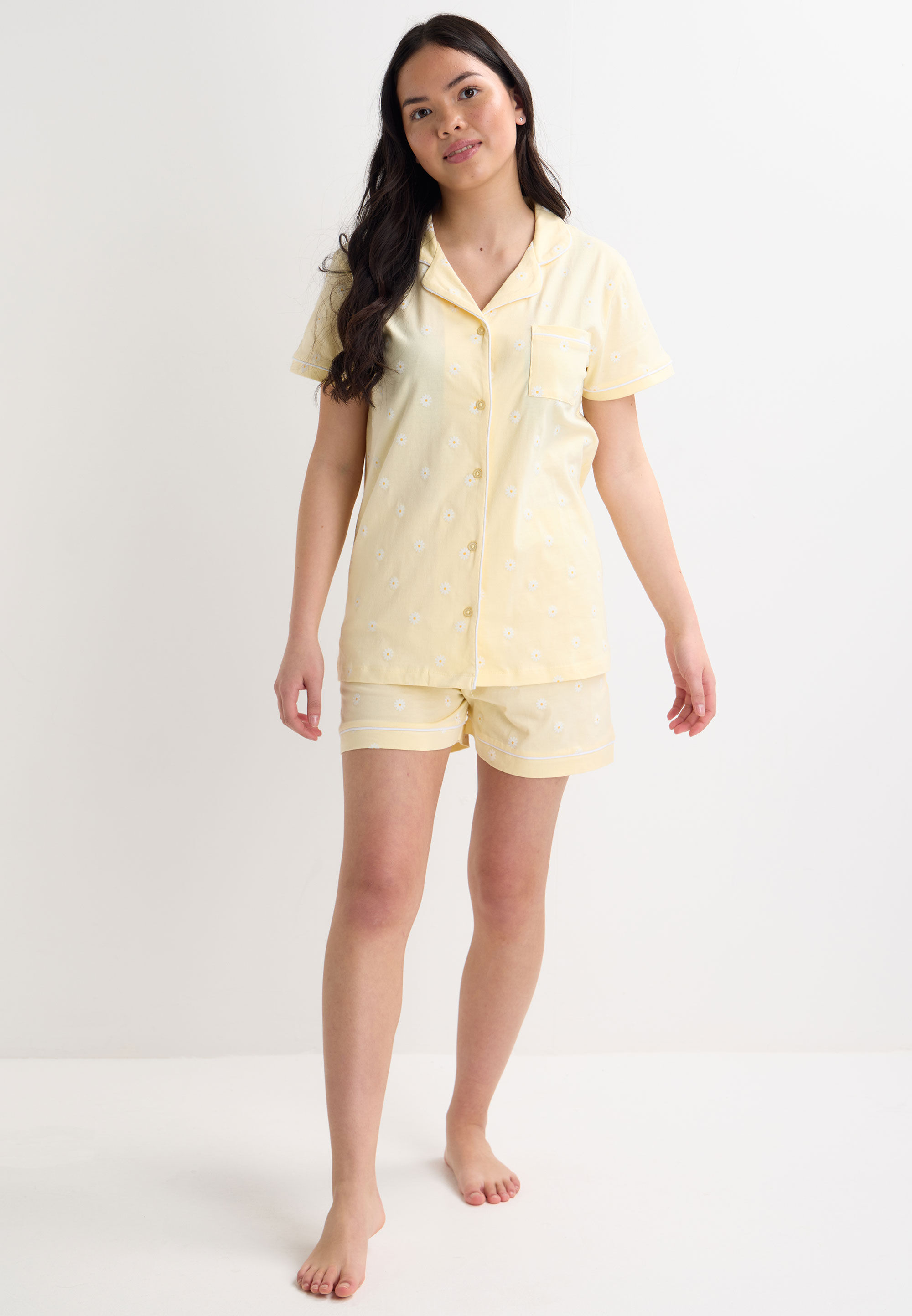 Older Girls Lemon & White Daisy Print Short Pyjama Set