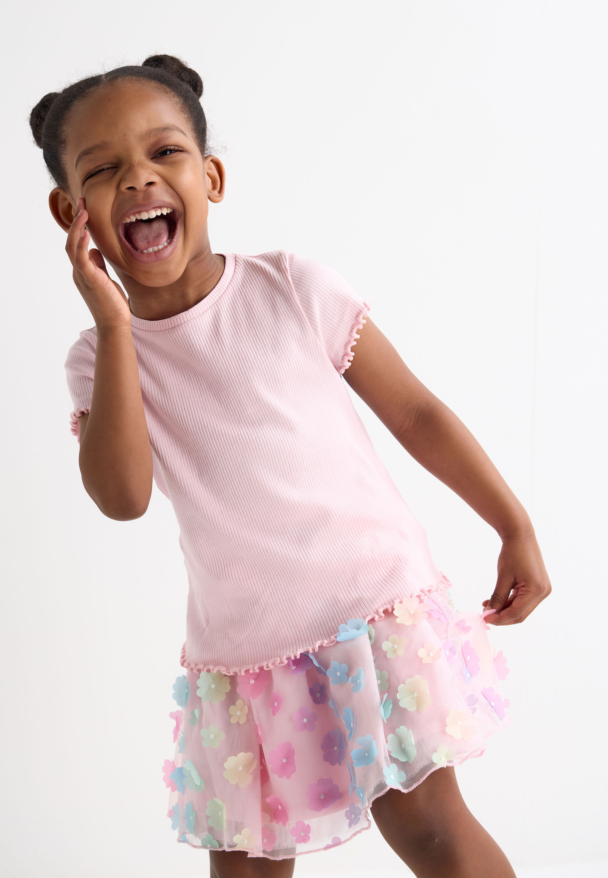 Younger Girls Pink Ribbed Frill Hem Top