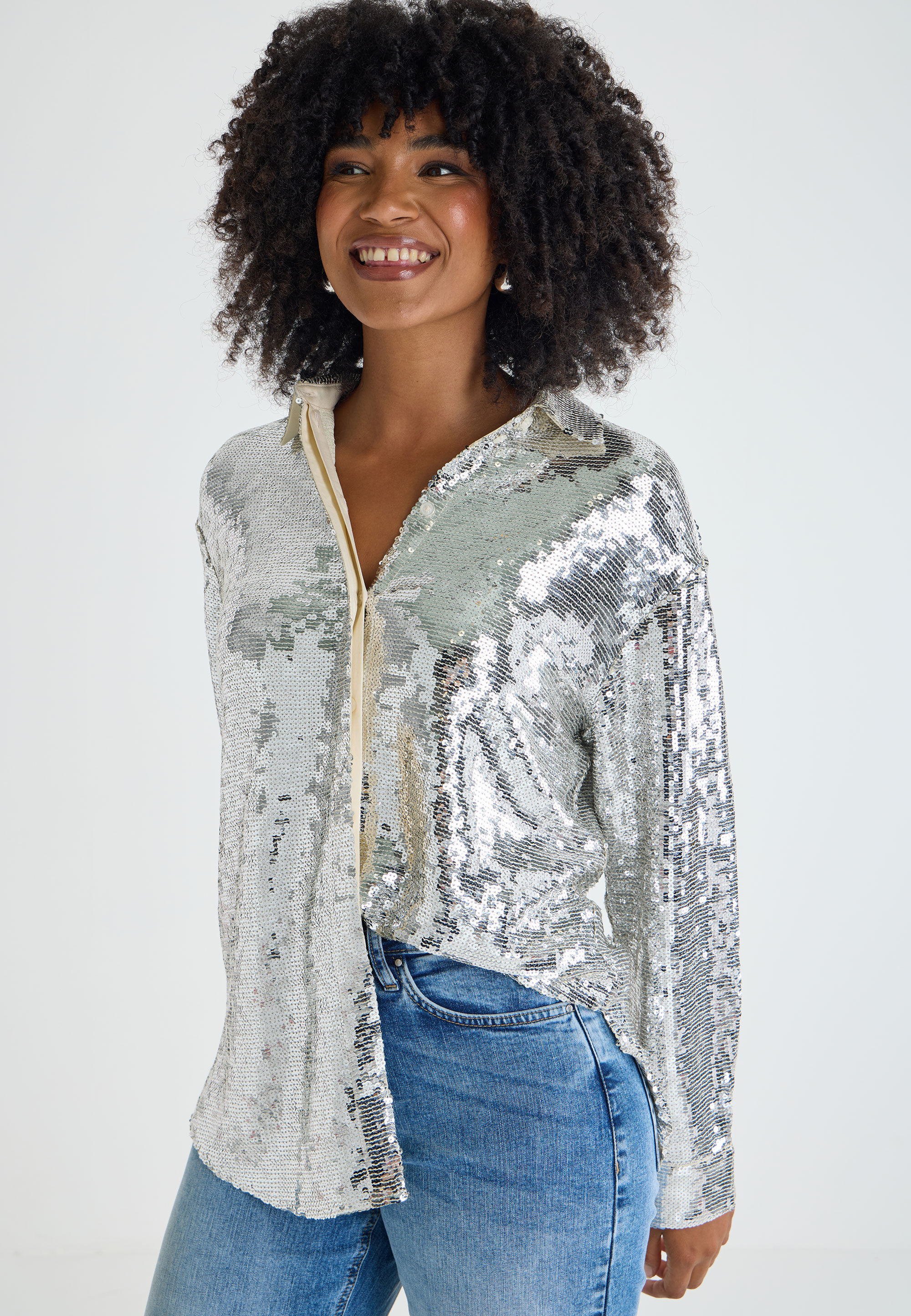 Womens Silver Sequin Button Shirt