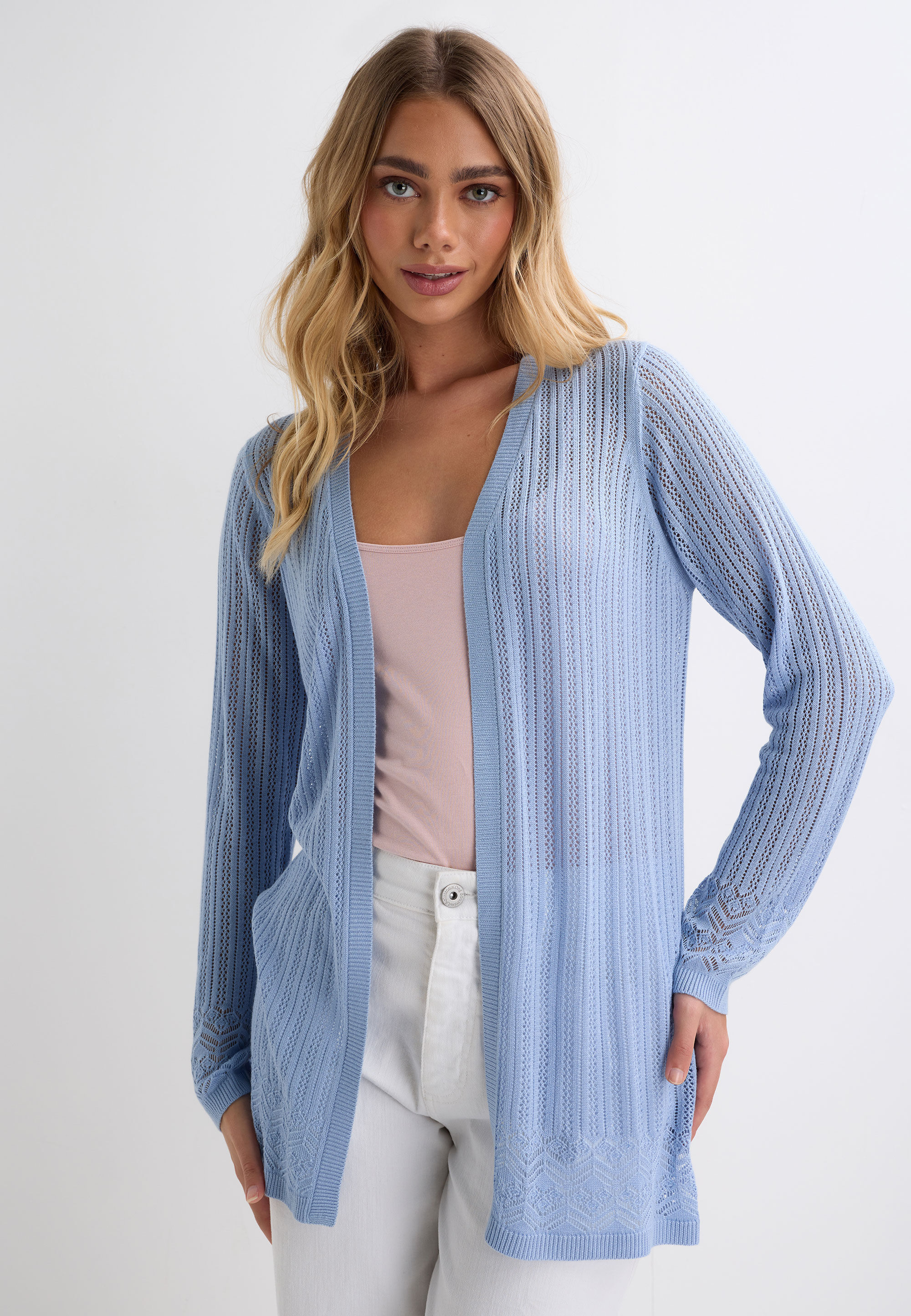 Womens Blue Pointelle Longline Cardigan