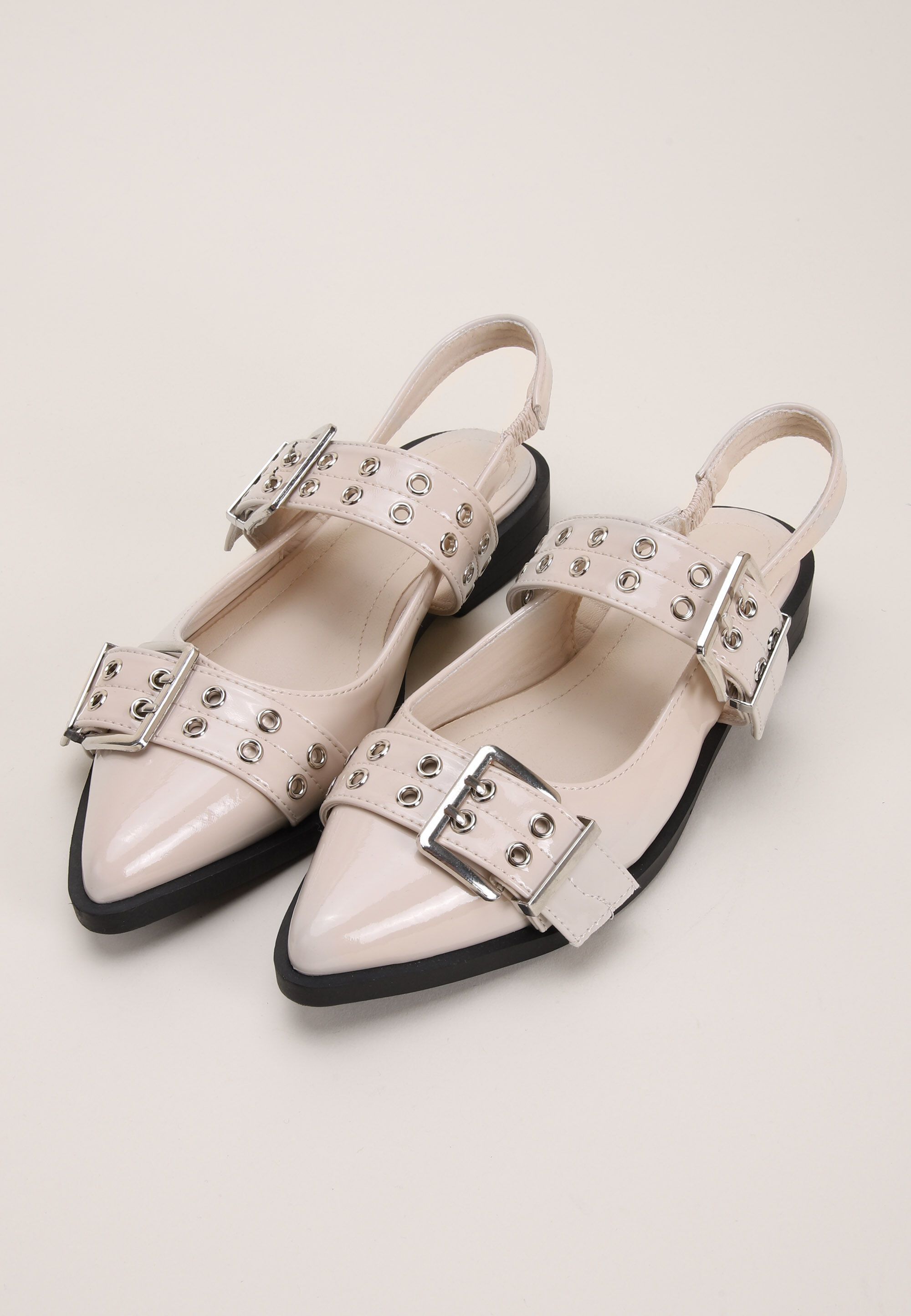 Womens White Biker Strap Slingback Ballet Pump