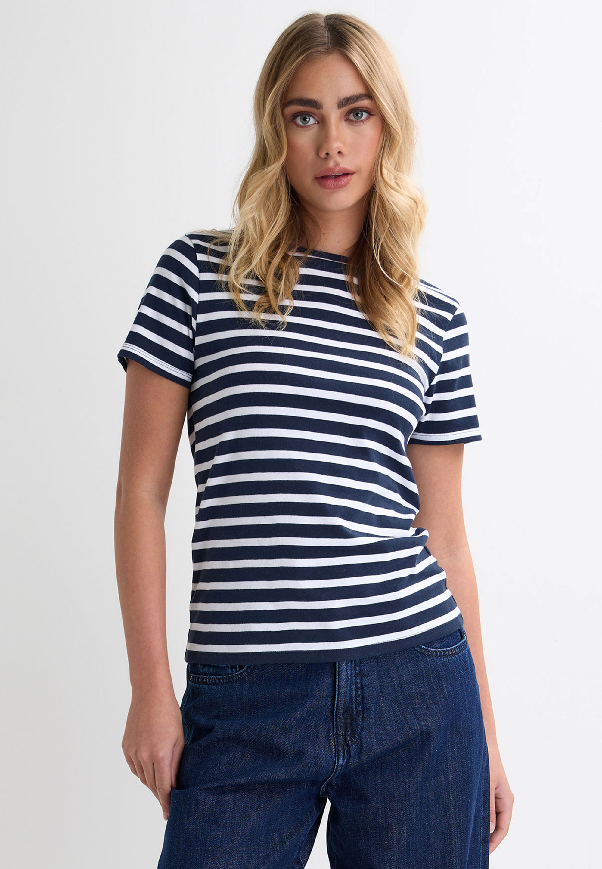Womens Navy Stripe Fitted Crew Neck Top
