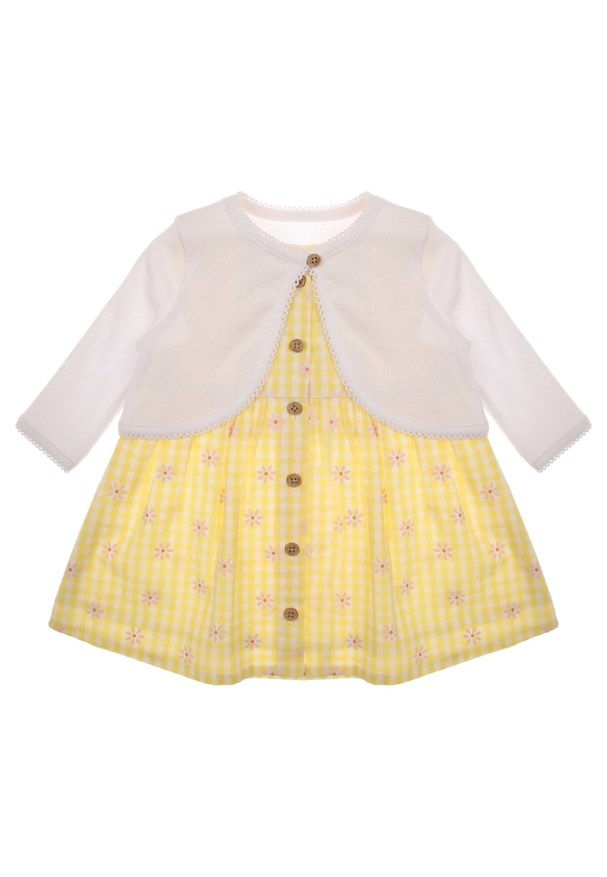 Baby Girls Yellow Gingham Floral Dress and Cardigan Set