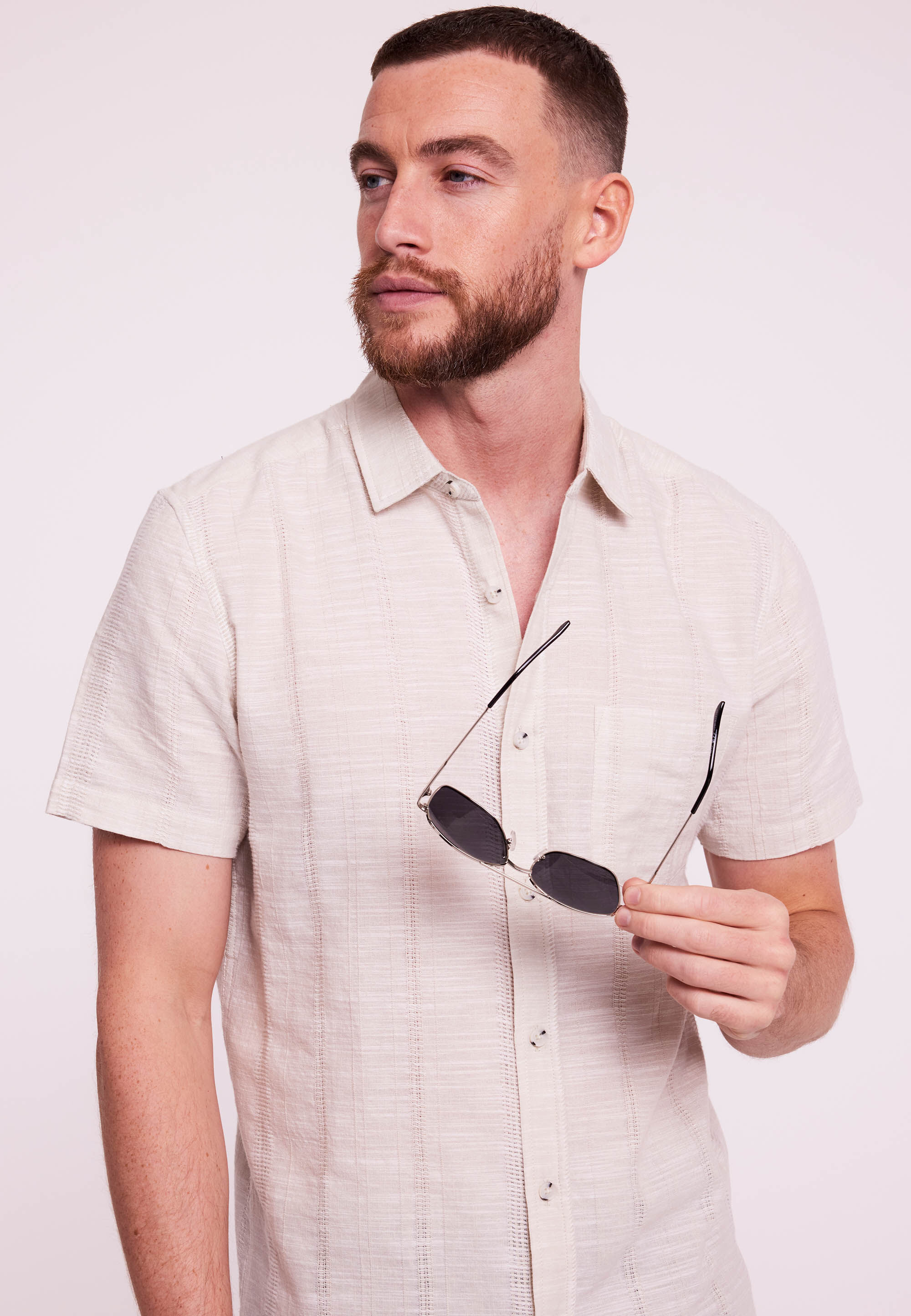 Mens Stone Linen Look Textured Short Sleeve Shirt