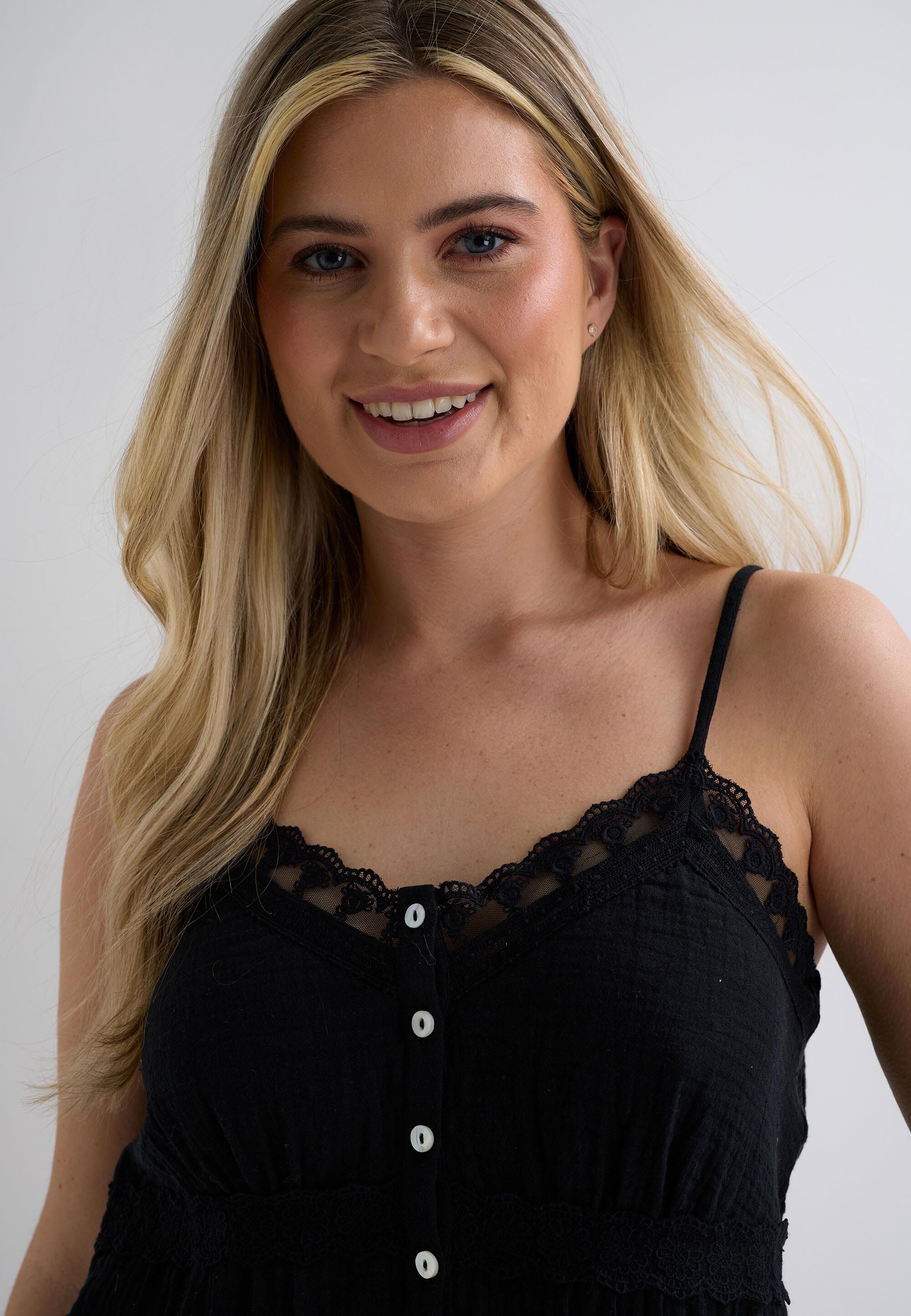 Womens Black Cotton Lace Trim Cami Top