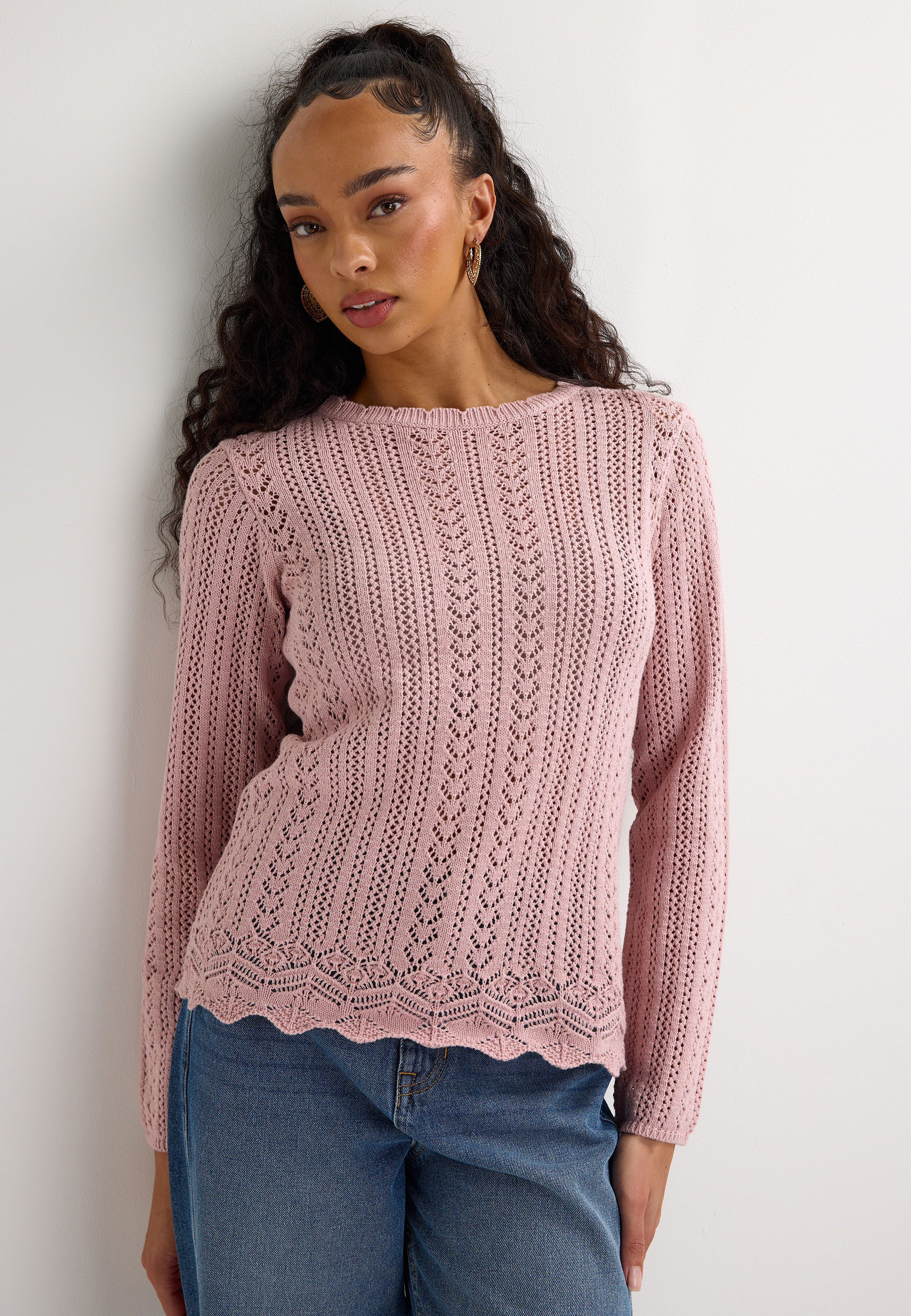 Womens Pink Crochet Knit Jumper