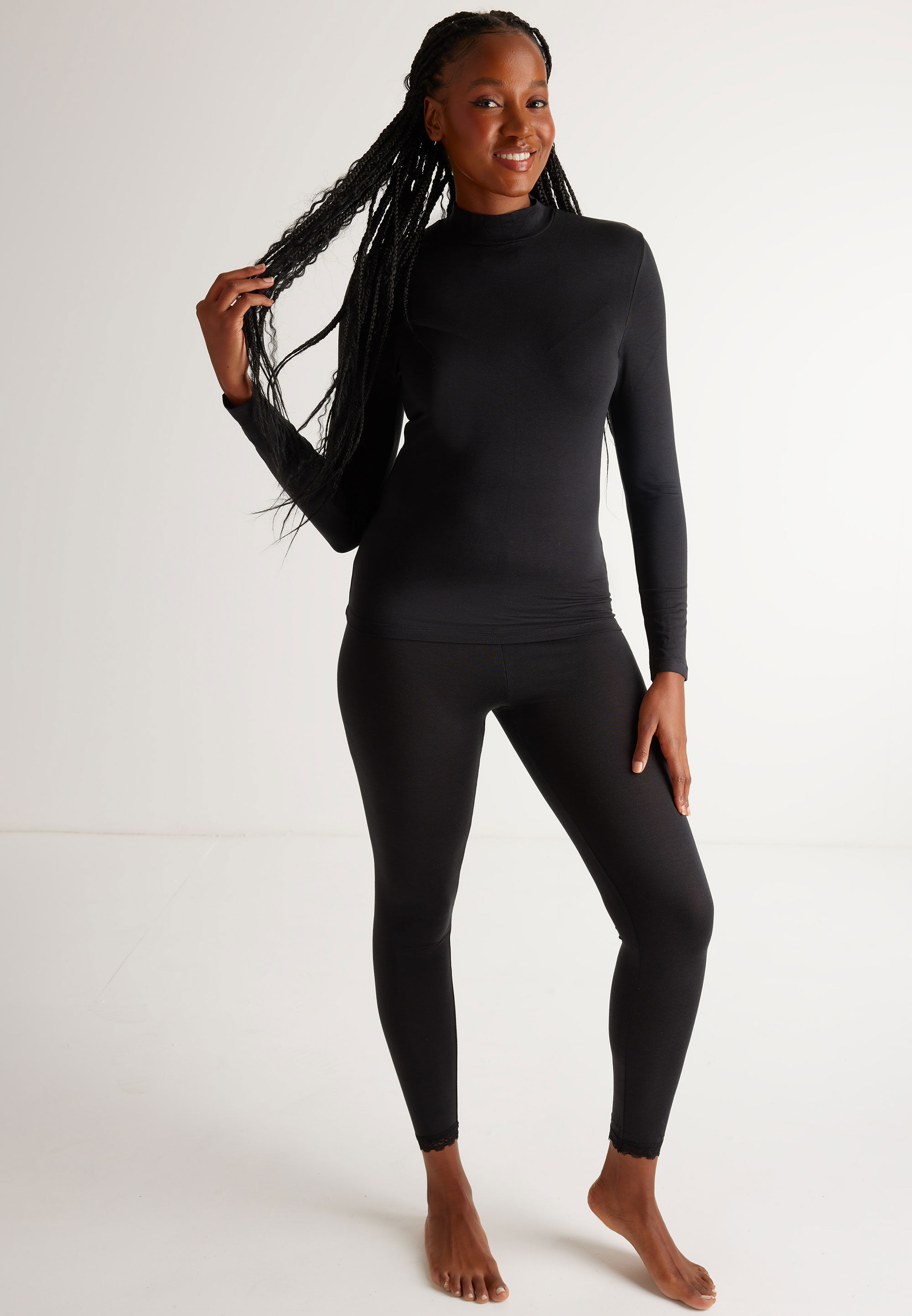 Womens Plain Black Thermal Long Sleeve Roll Neck Top