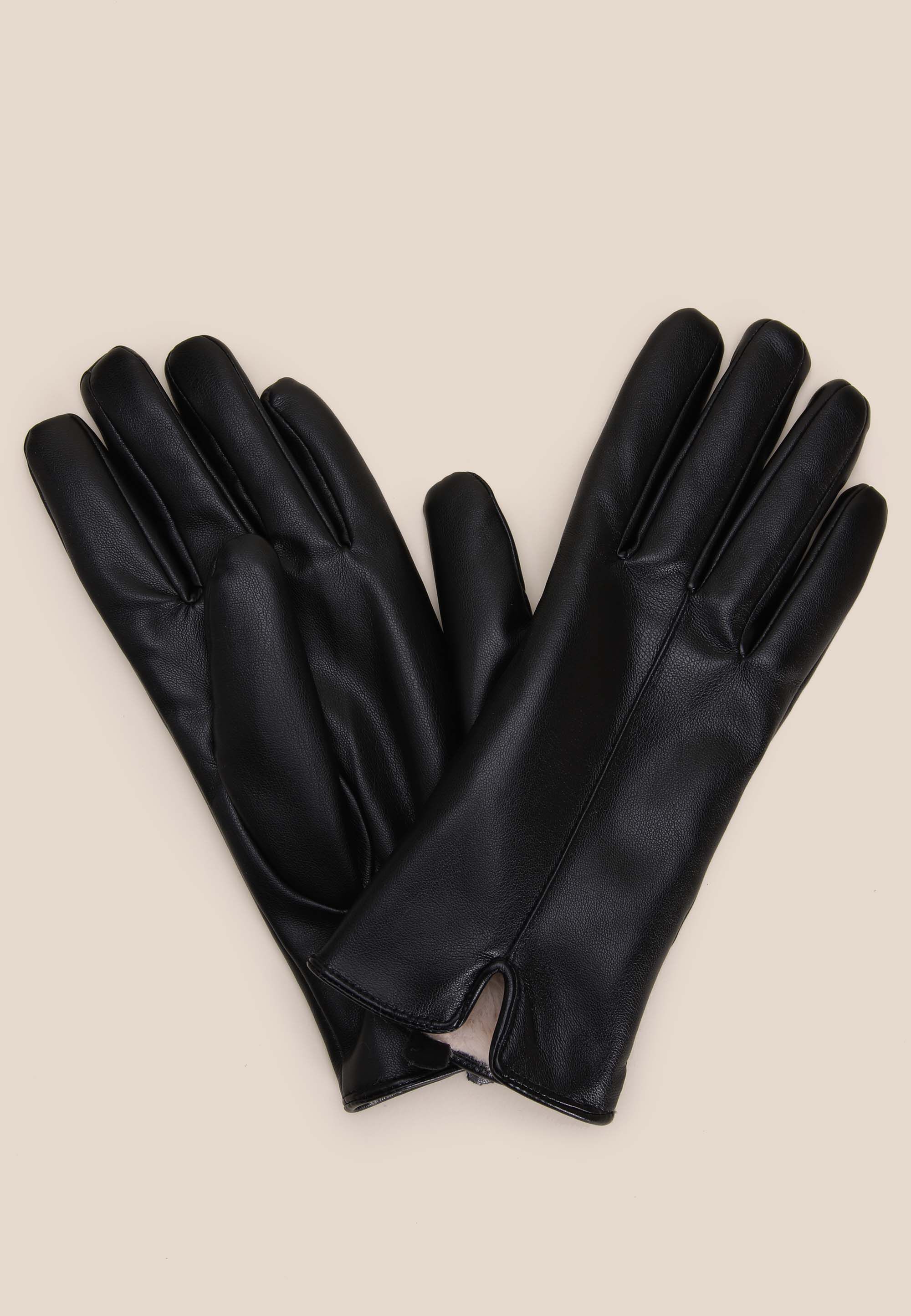 Womens Black Fluffy Lined PU Gloves