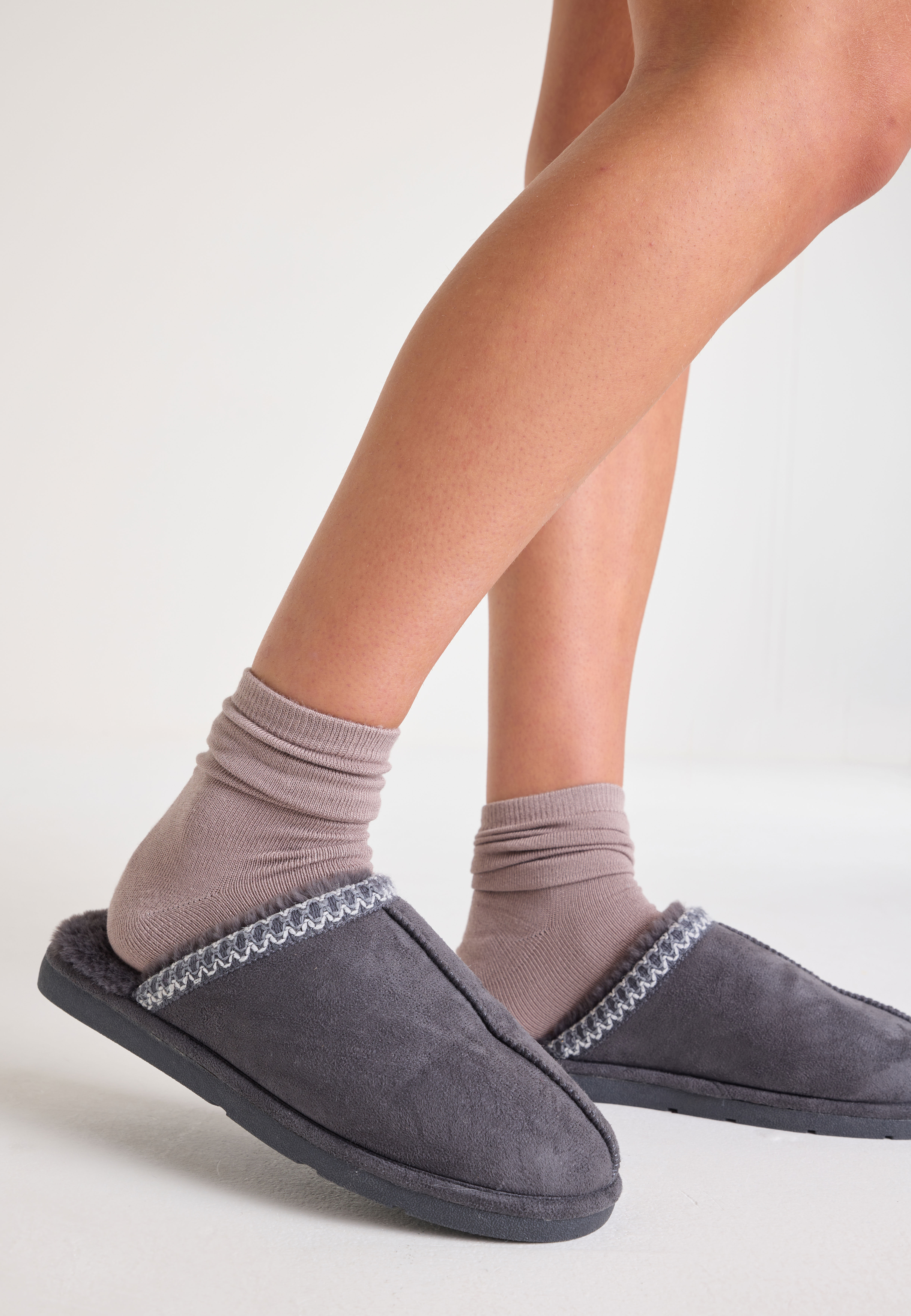 Womens Grey Embroidered Mule Slippers
