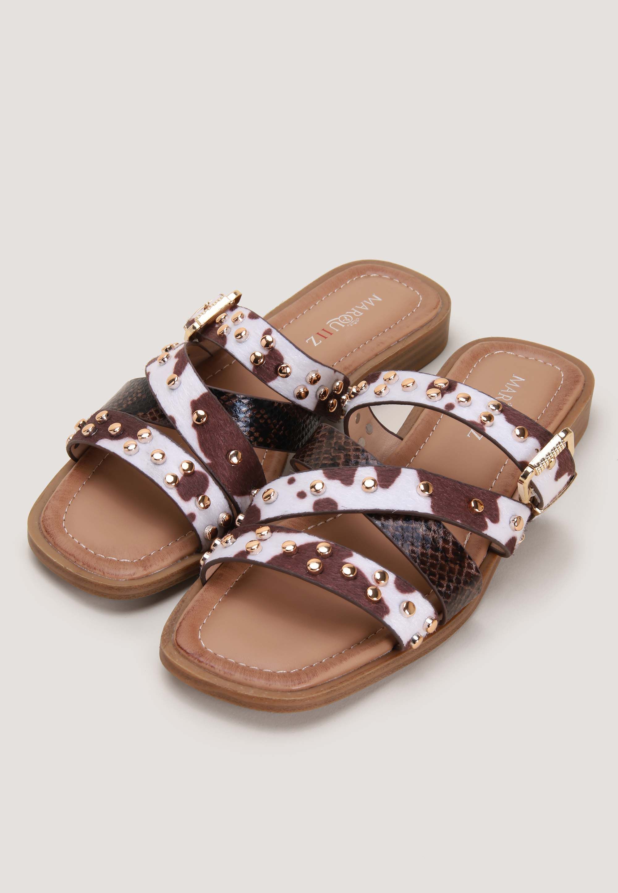 Womens Brown Cow Print Studded Sandals