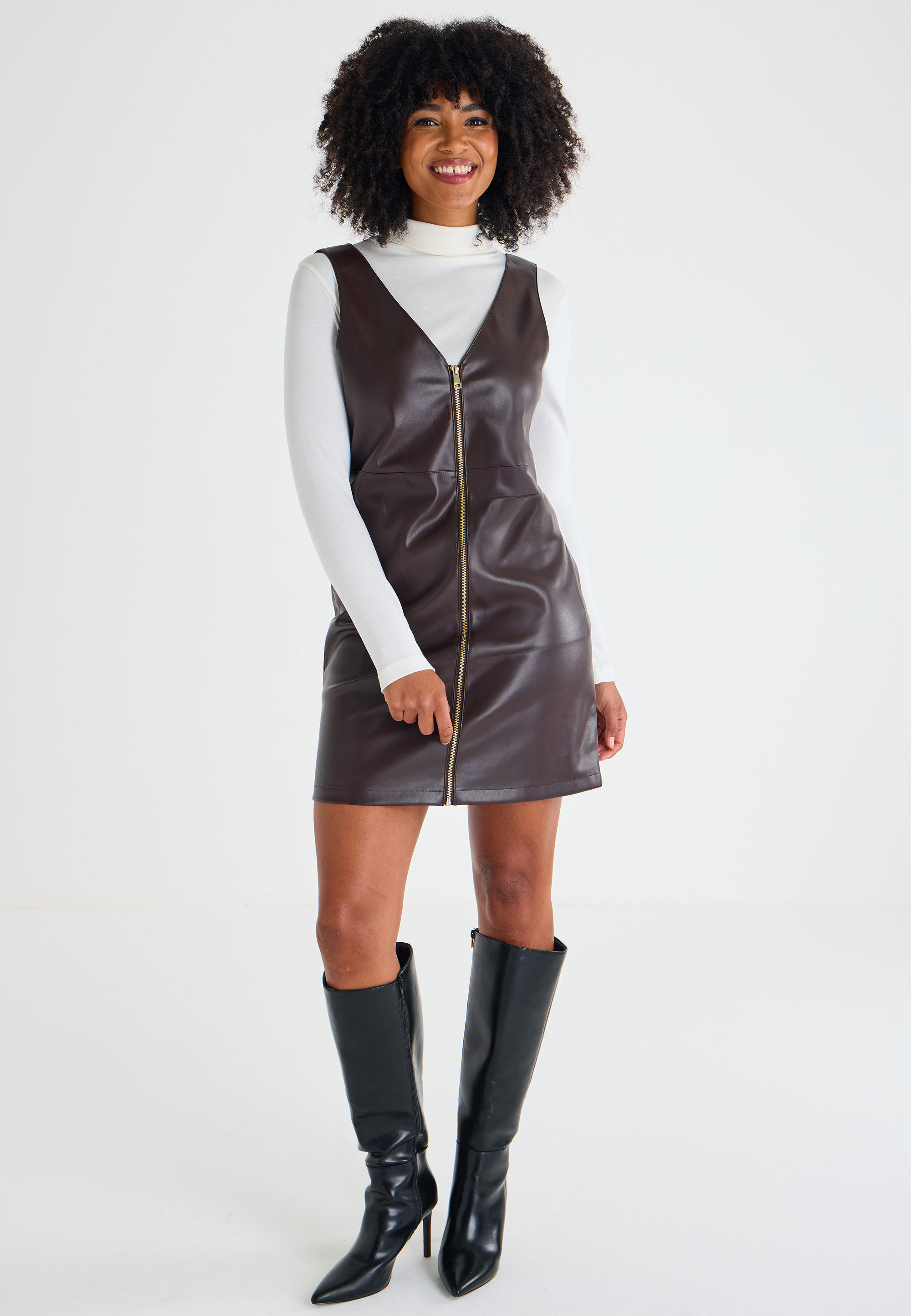 Womens Oxblood Zip Up PU Pinny Dress