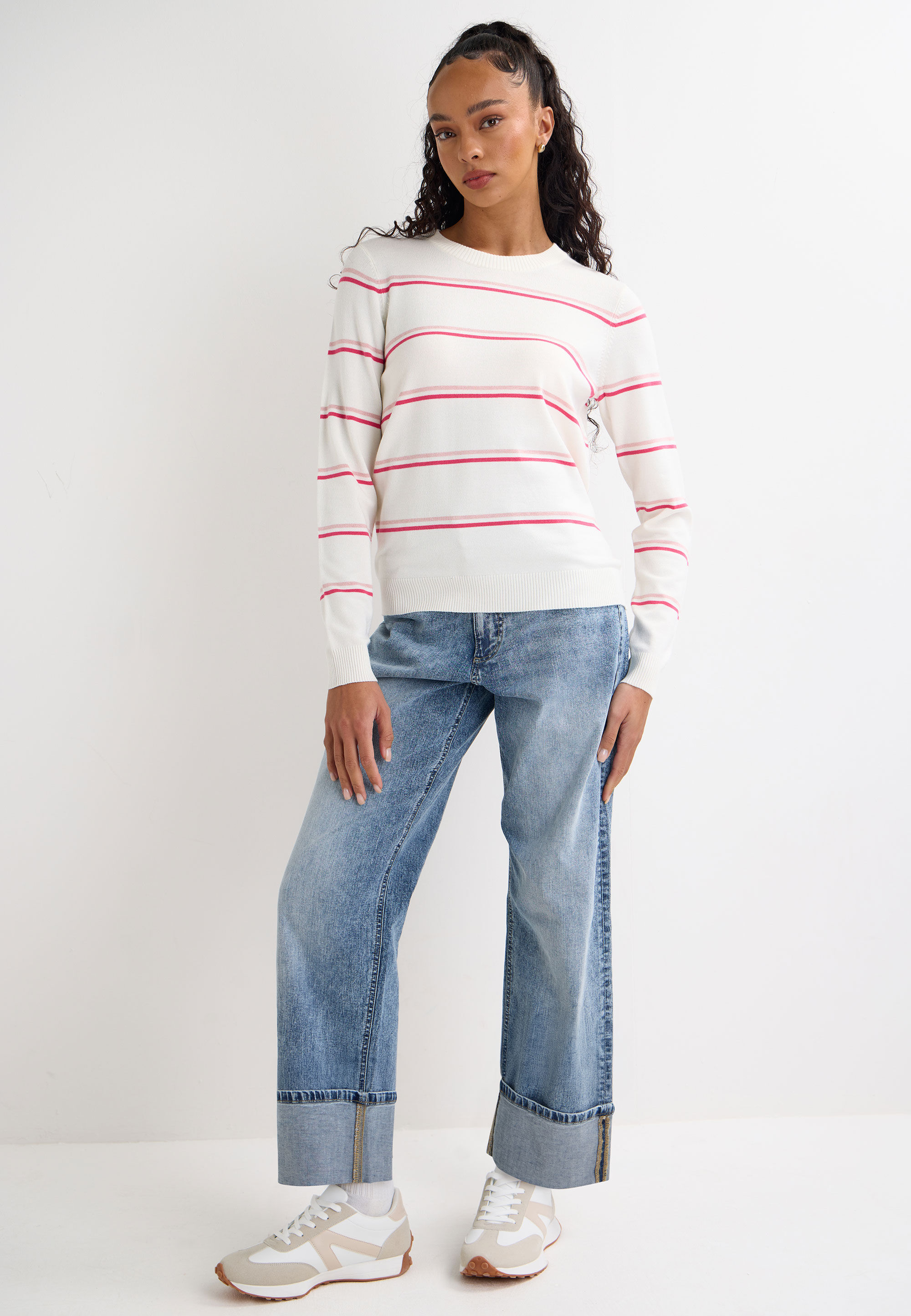 Womens Cream & Pink Stripe Crew Neck Jumper