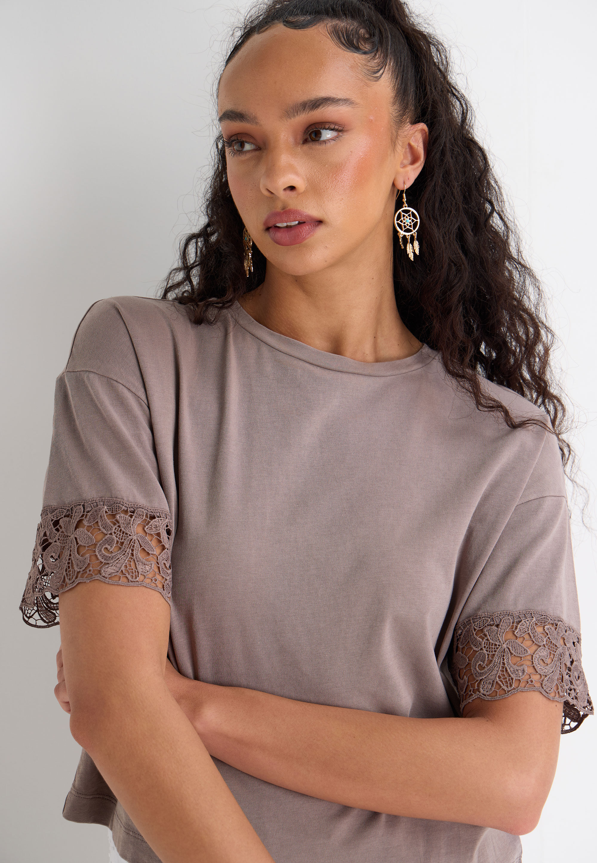 Womens Brown Acid Wash Short Lace Sleeve T-shirt