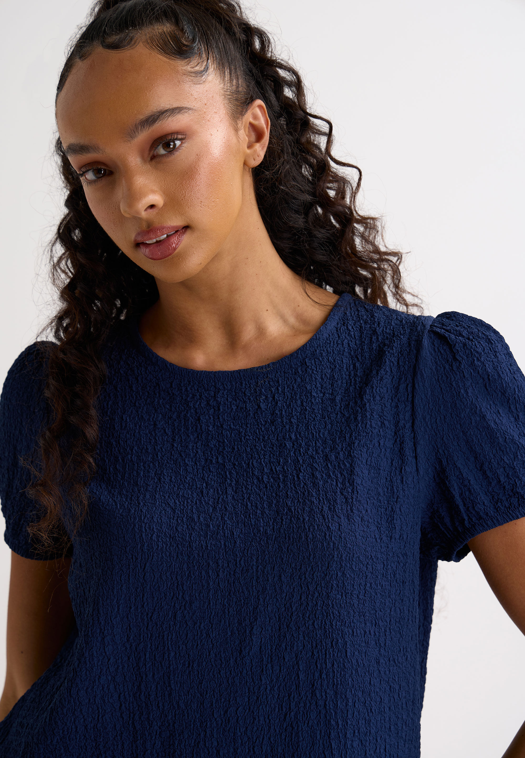 Womens Navy Plain Textured Shell Top