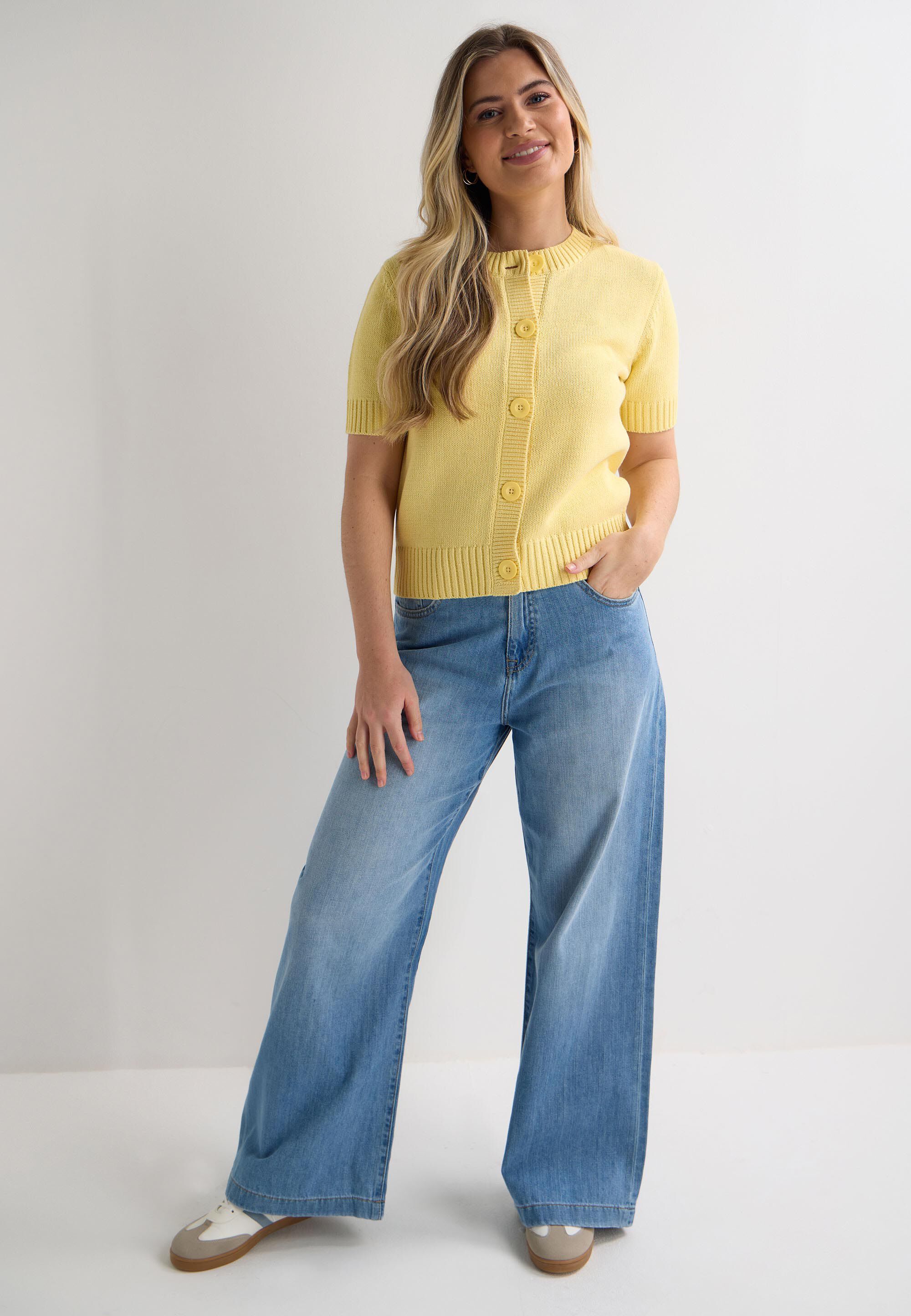 Womens Yellow Button Front Short Sleeve Cardigan