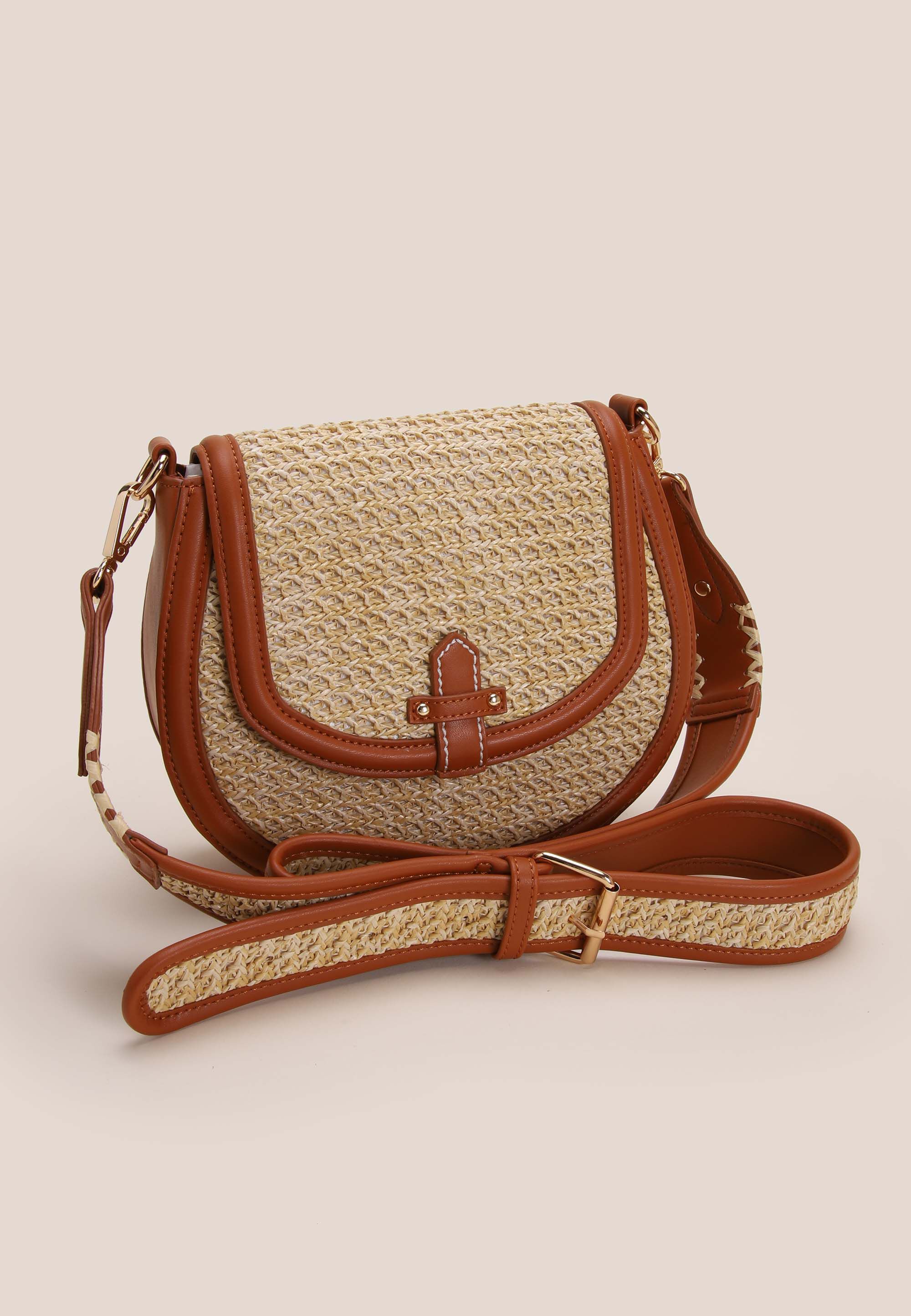 Womens Tan & Straw Saddle Shoulder Bag