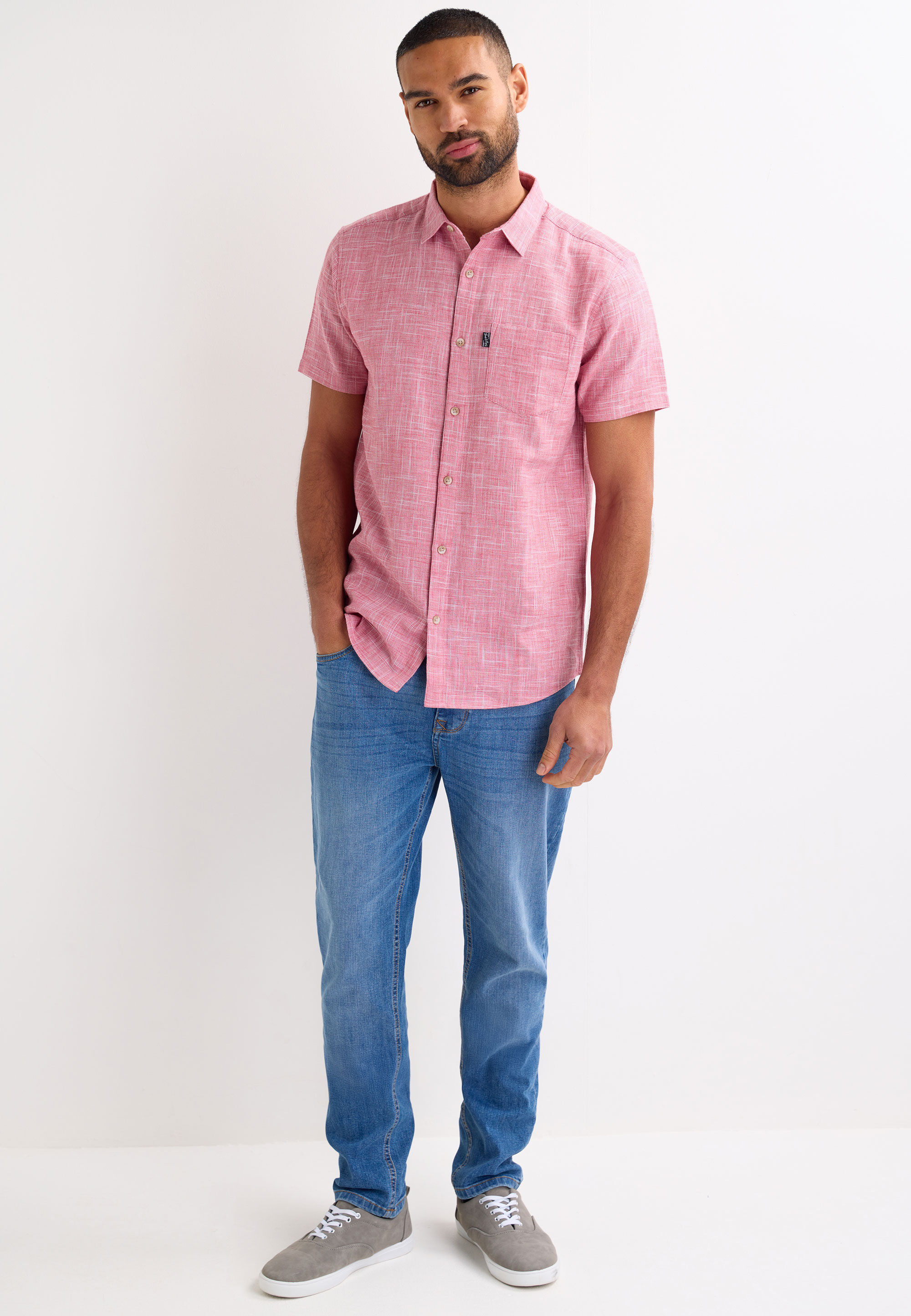 Mens Red Slub Textured Short Sleeve Shirt